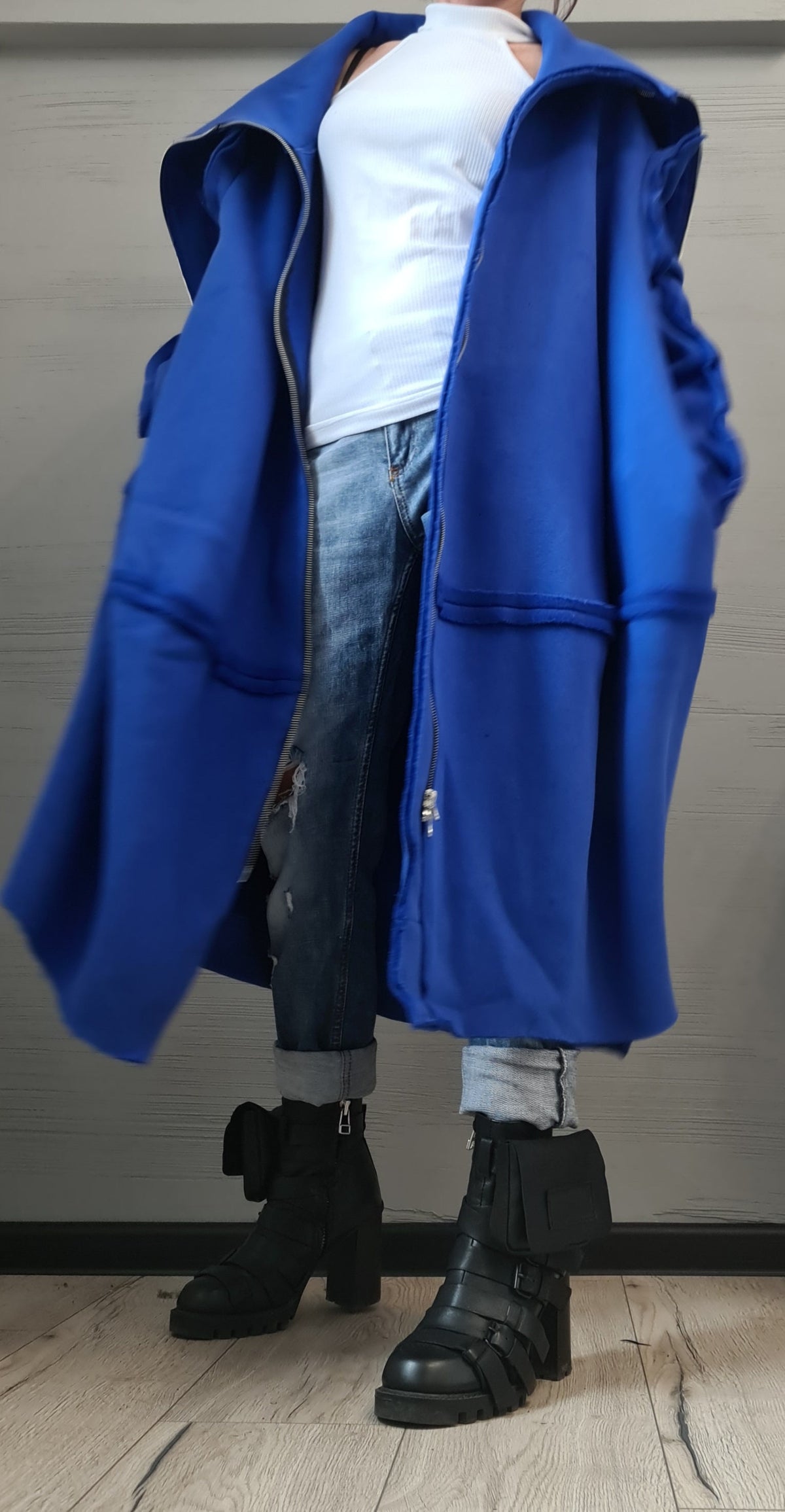 Royal Blue Oversized Cotton Jacket, Long Sweatshirt Coat with High Collar, Plus Size