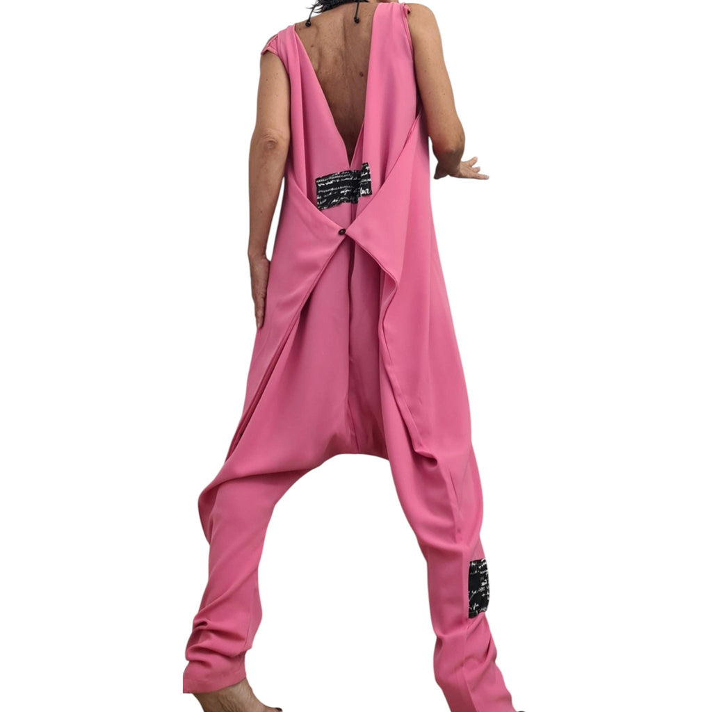 Pink Asymmetric Wide Leg Jumpsuit, Women Loose Harem Overall, Plus Size