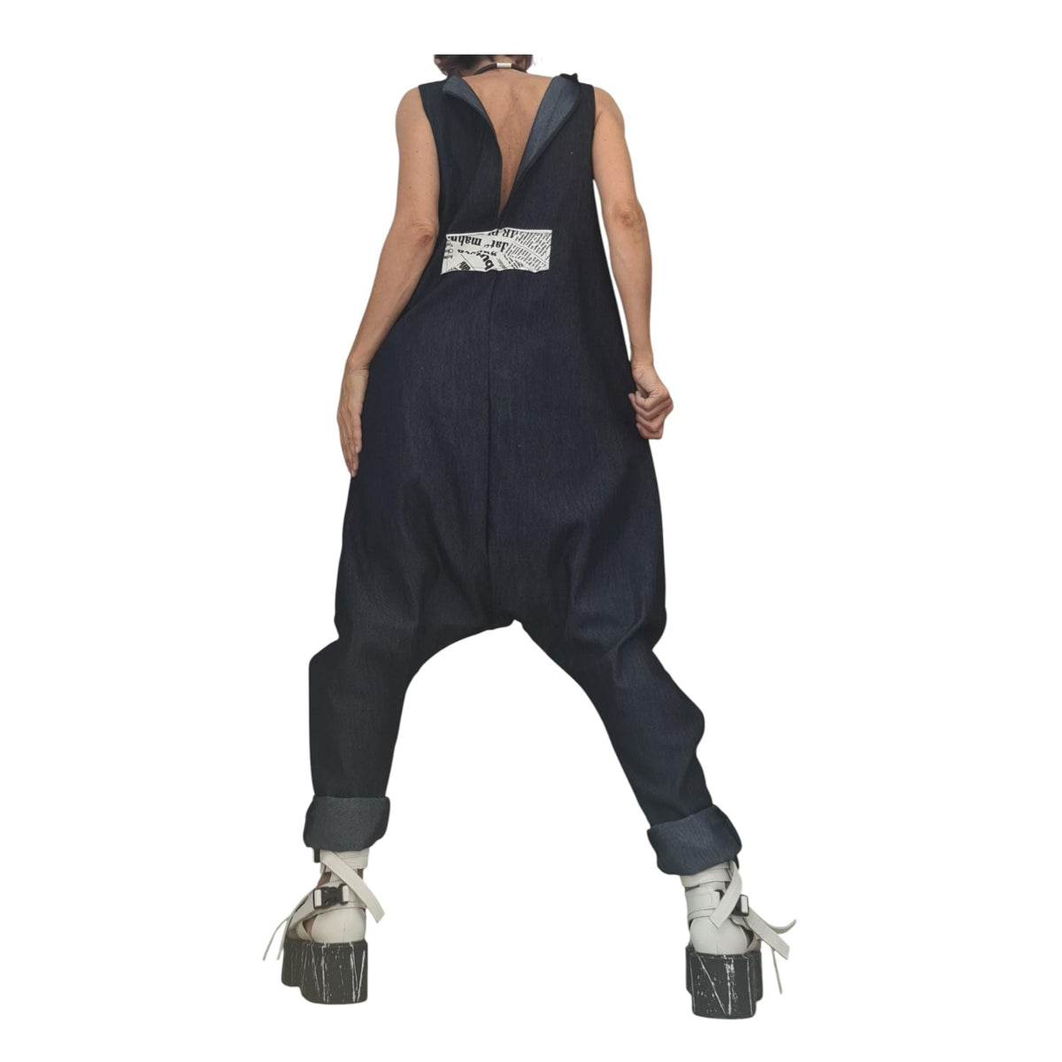 Asymmetric Denim Harem Jumpsuit, Plus Size Wide Leg Sleeveless Overall