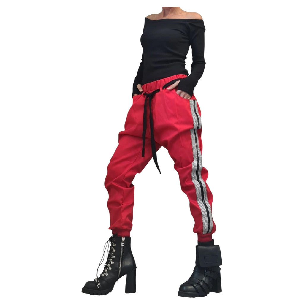 Red Cotton Drop Crotch Pants, Slim Leg Trousers, Contrast Side Stripe