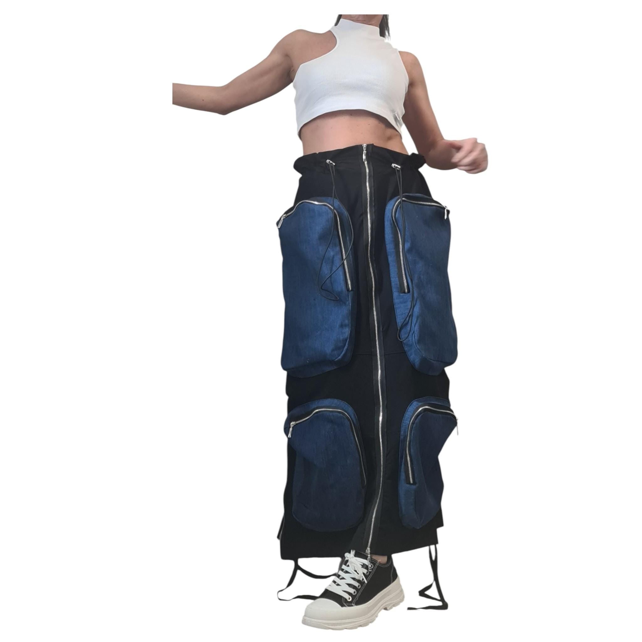 Black French Terry Maxi Skirt With Denim Cargo Pockets, Long Avant Garde Oversized Skirt