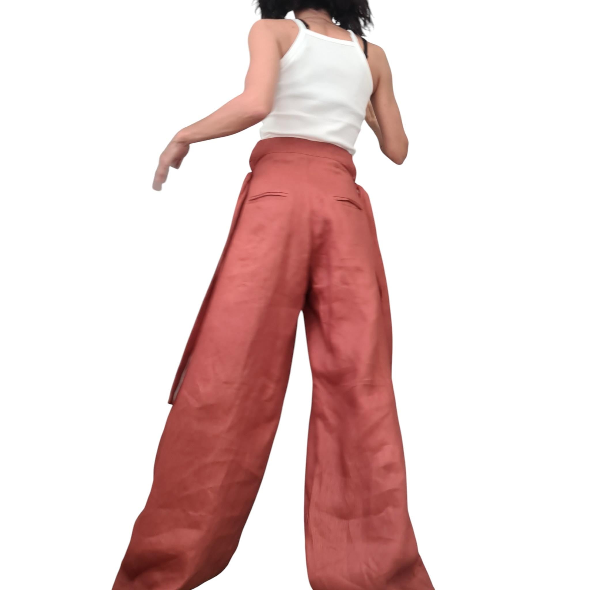 Brick Linen Wide Leg Pants, Adjustable Waist, Asymmetric Slit Avant Garde Trousers