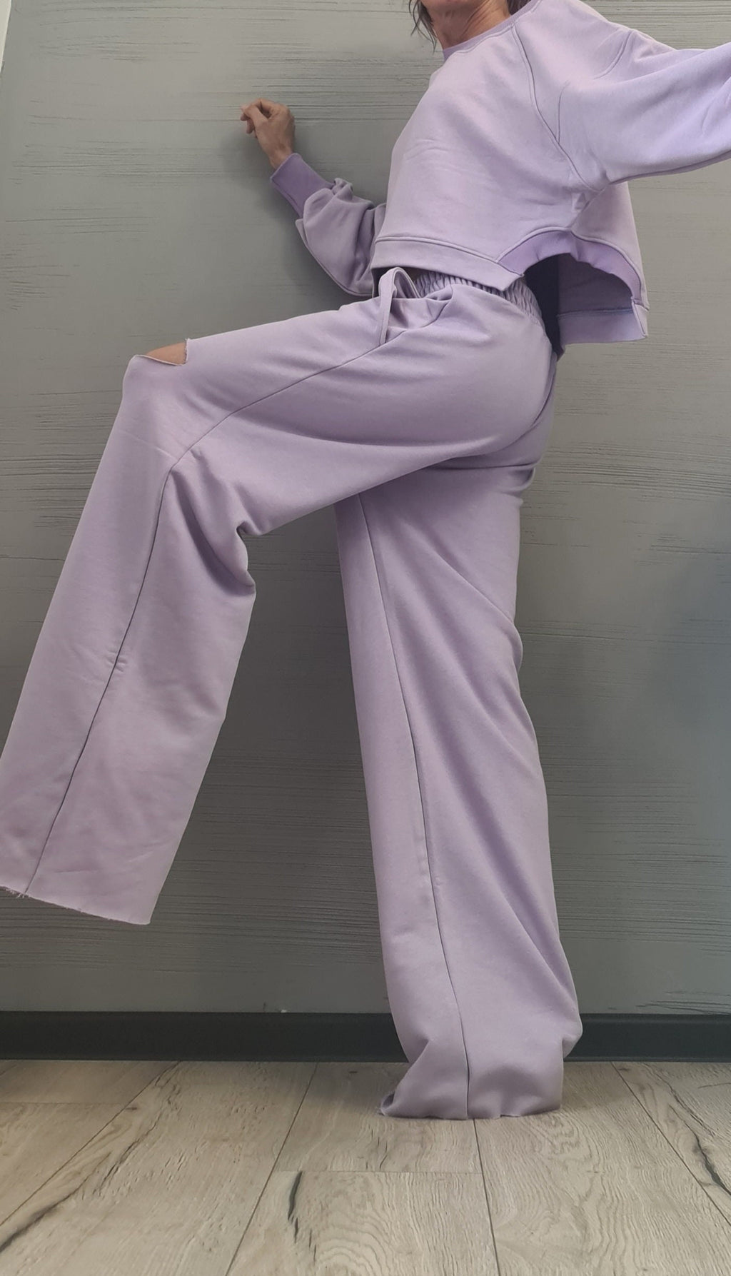 Lavender Cotton Wide Leg Pants, Knee Cutout,  Cropped Sweatshirt, Two-Piece Co-Ord Set