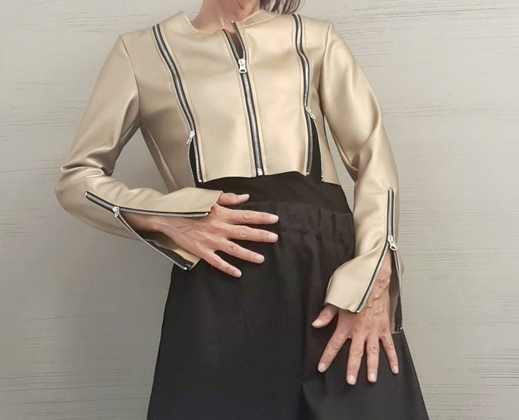 Gold Faux Leather Cropped Jacket, Fitted Long Sleeve Bolero, Multiple Zipper Design