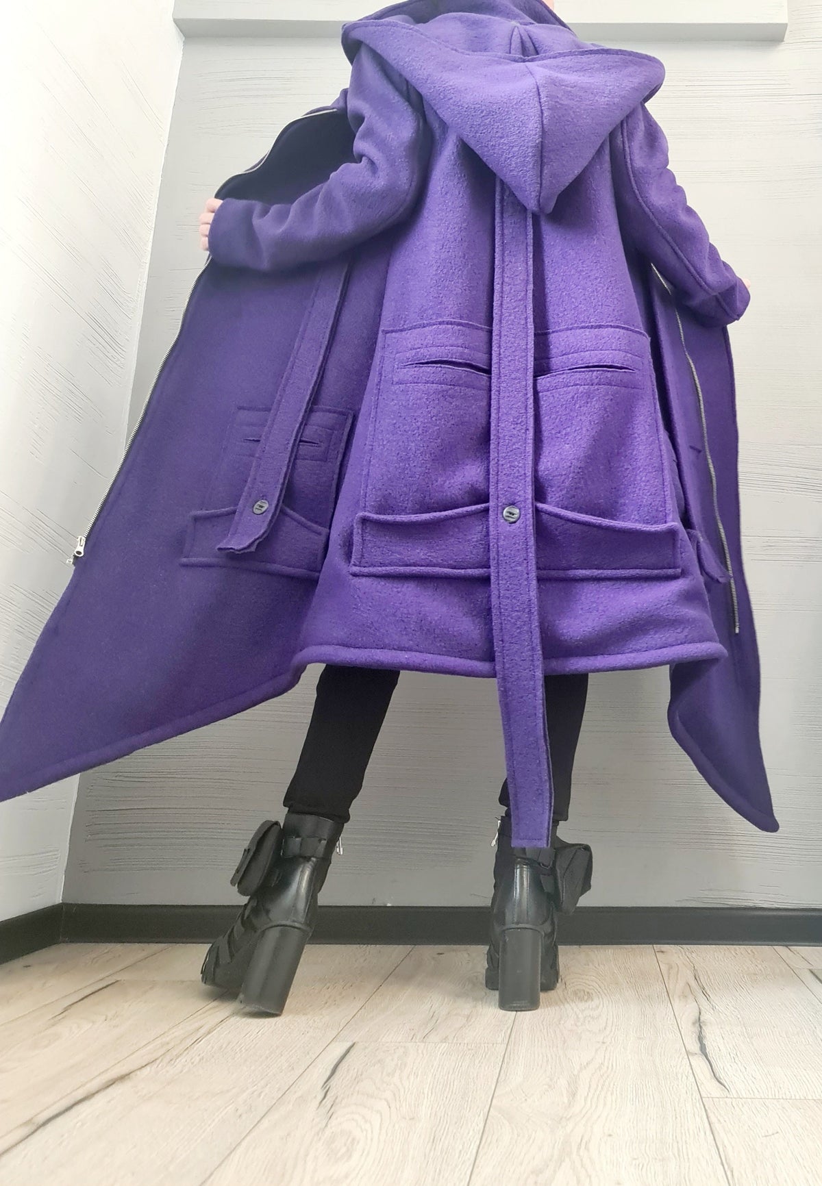 Purple Asymmetric Wool Coat, Long Hooded Jacket with Oversized Patch Pockets, Plus Size