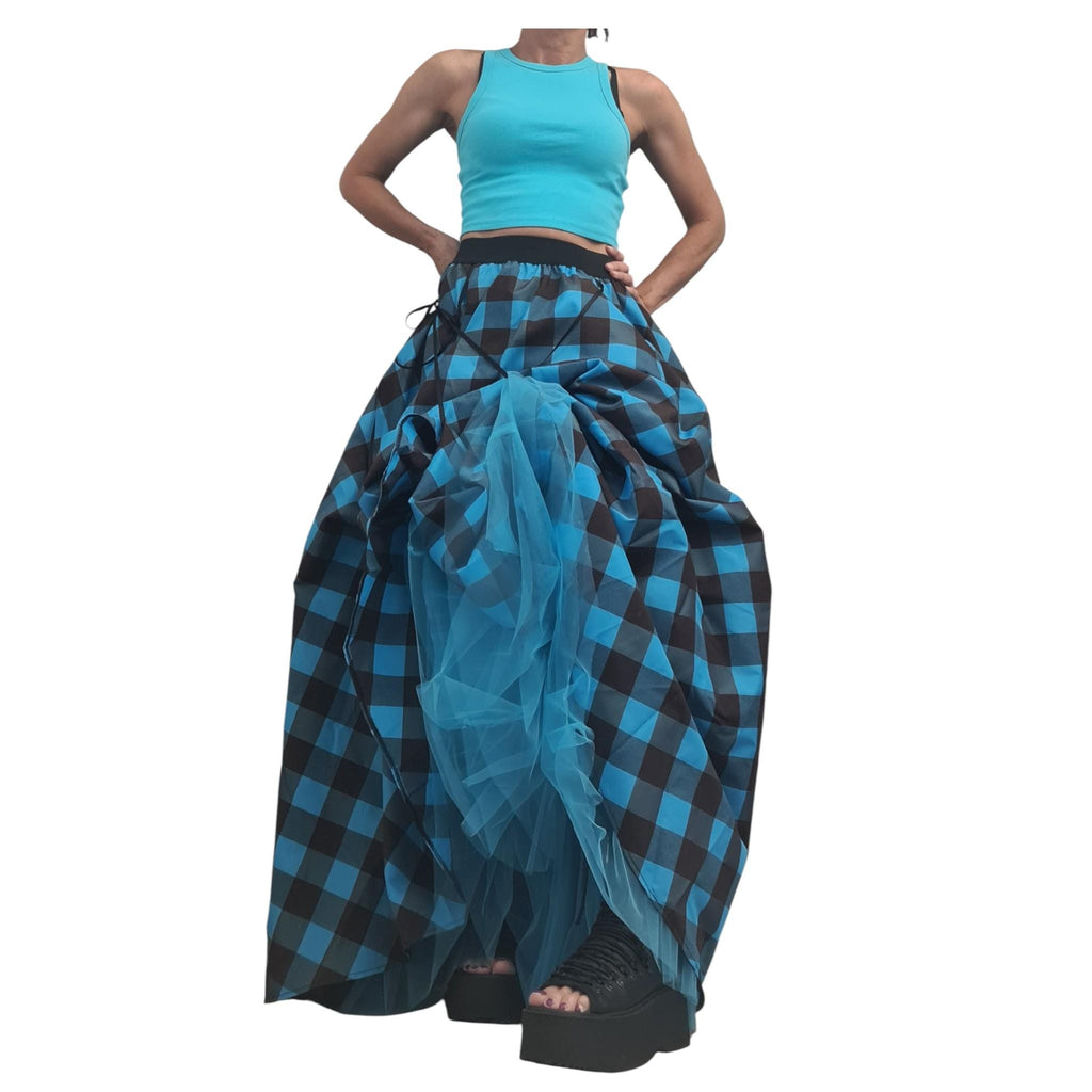 Tulle Asymmetric Skirt, Turquoise Blue Brown Plaid Ball, Long Short Skirt