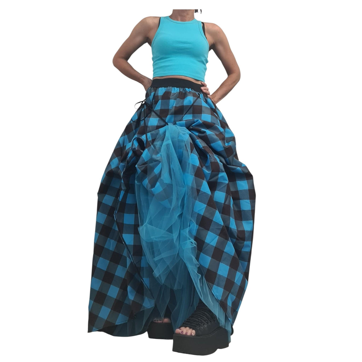 Tulle Asymmetric Skirt, Turquoise Blue Brown Plaid Ball, Long Short Skirt