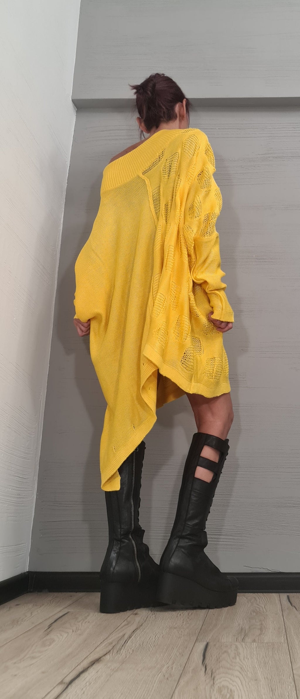 Yellow Asymmetrical Knitted Tunic, Oversized Long Sleeve Sweater, Plus Size Top