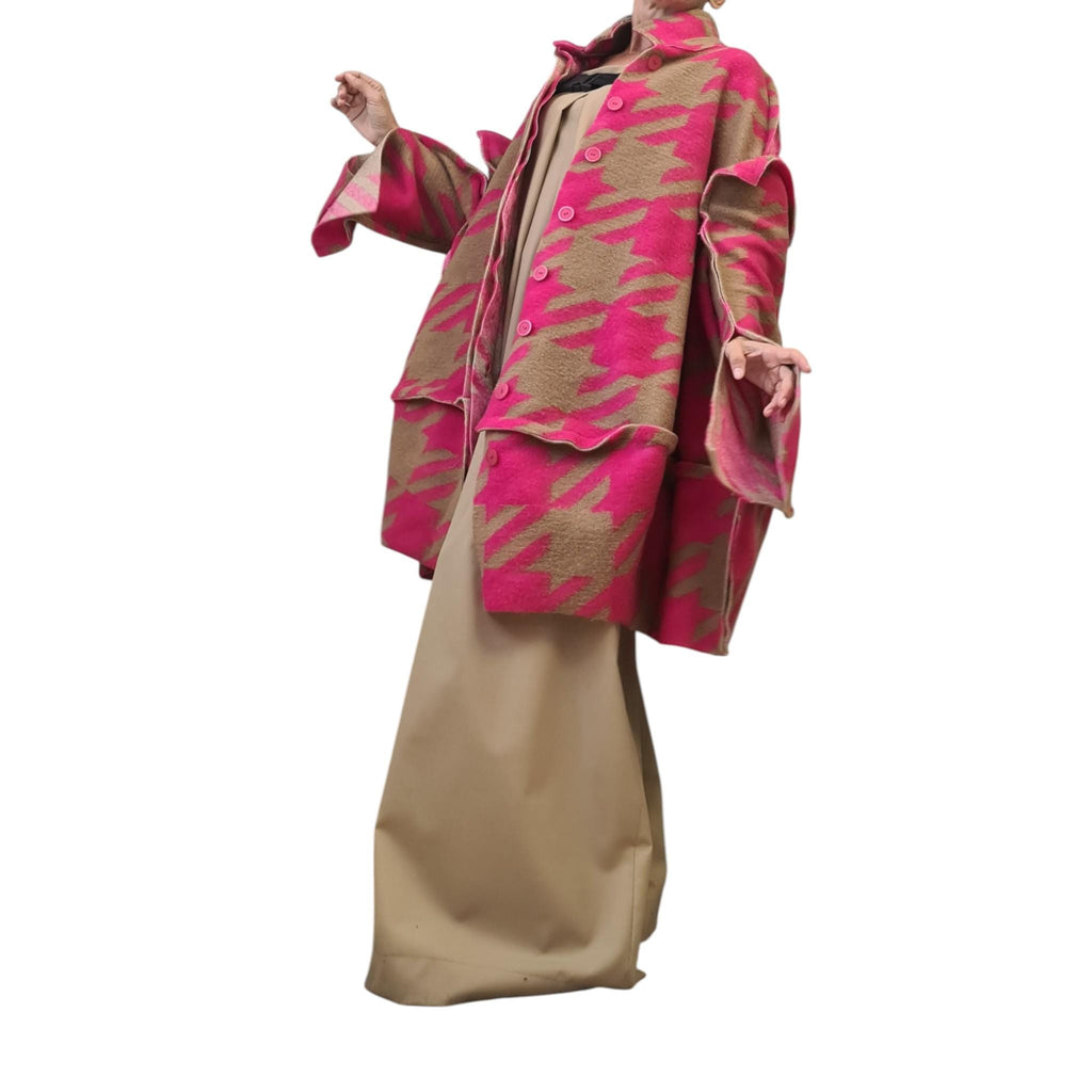 Pink Beige Oversized Wool Blend Coat, Abstract Print High Collar Jacket, Wide Sleeve Outerwear