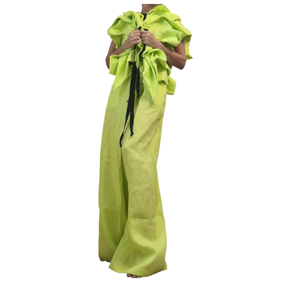 Lime Green Linen Asymmetric Short Jacket Sleeveless Gathered Womens Avant Garde Clothing