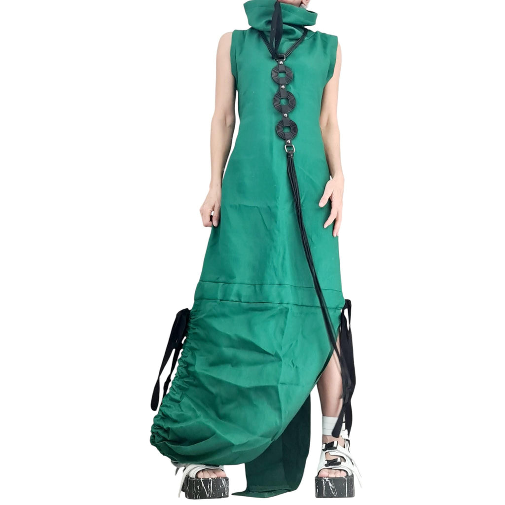 Green Linen Maxi Dress, Open Back, Asymmetric Sleeveless Fit, Avant Garde Plus Size Dress