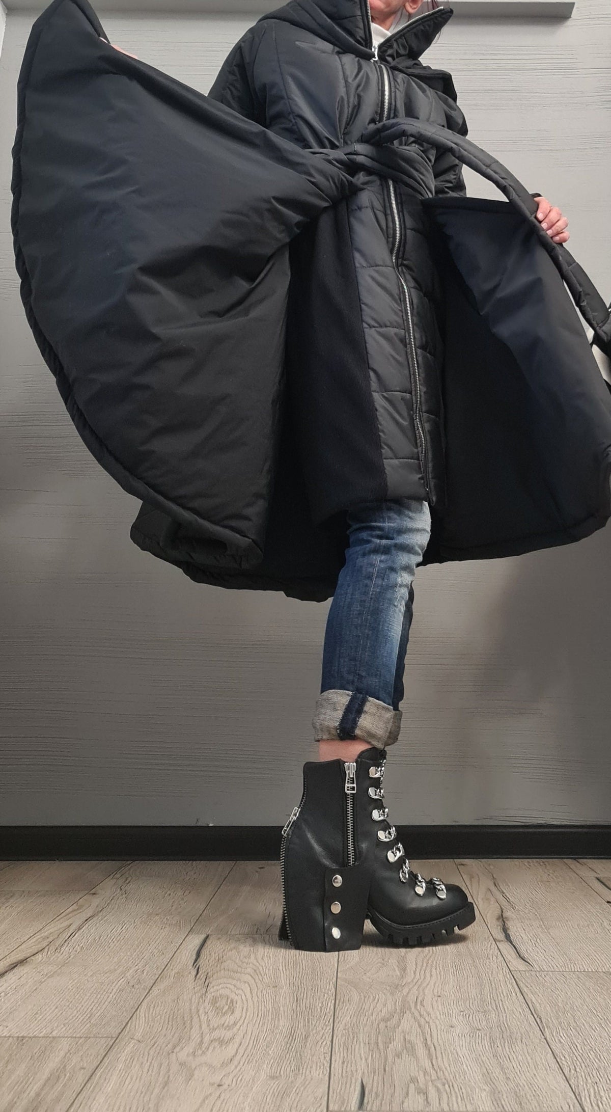 Black Hooded Puffer Coat, Fit and Flare Silhouette, Full Circle Hem, Belted, Plus Size