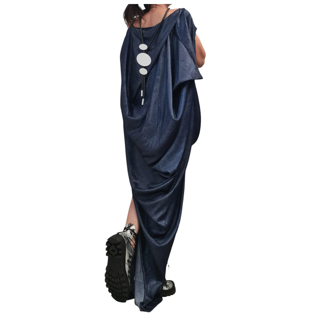 Shiny Denim Avant Garde Long Dress, One Shoulder Drape Style