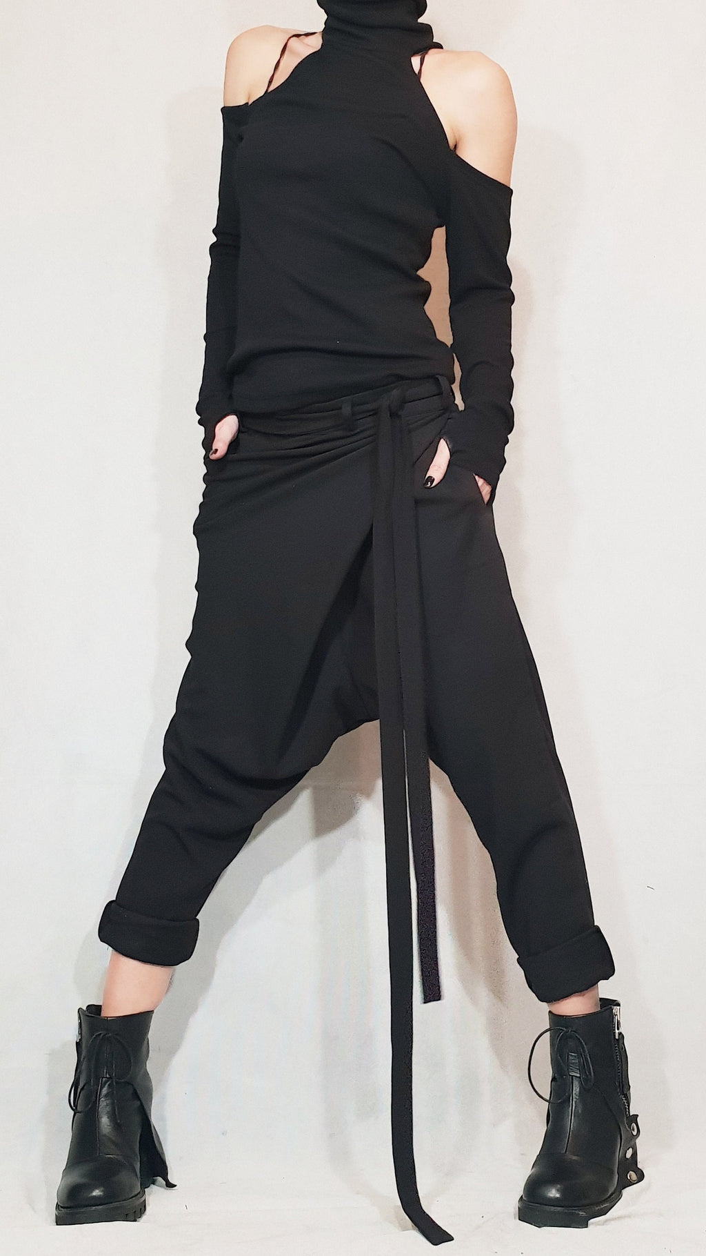 Black Avant Garde Drop Crotch Pants, Skirt Overlay Harem Trousers