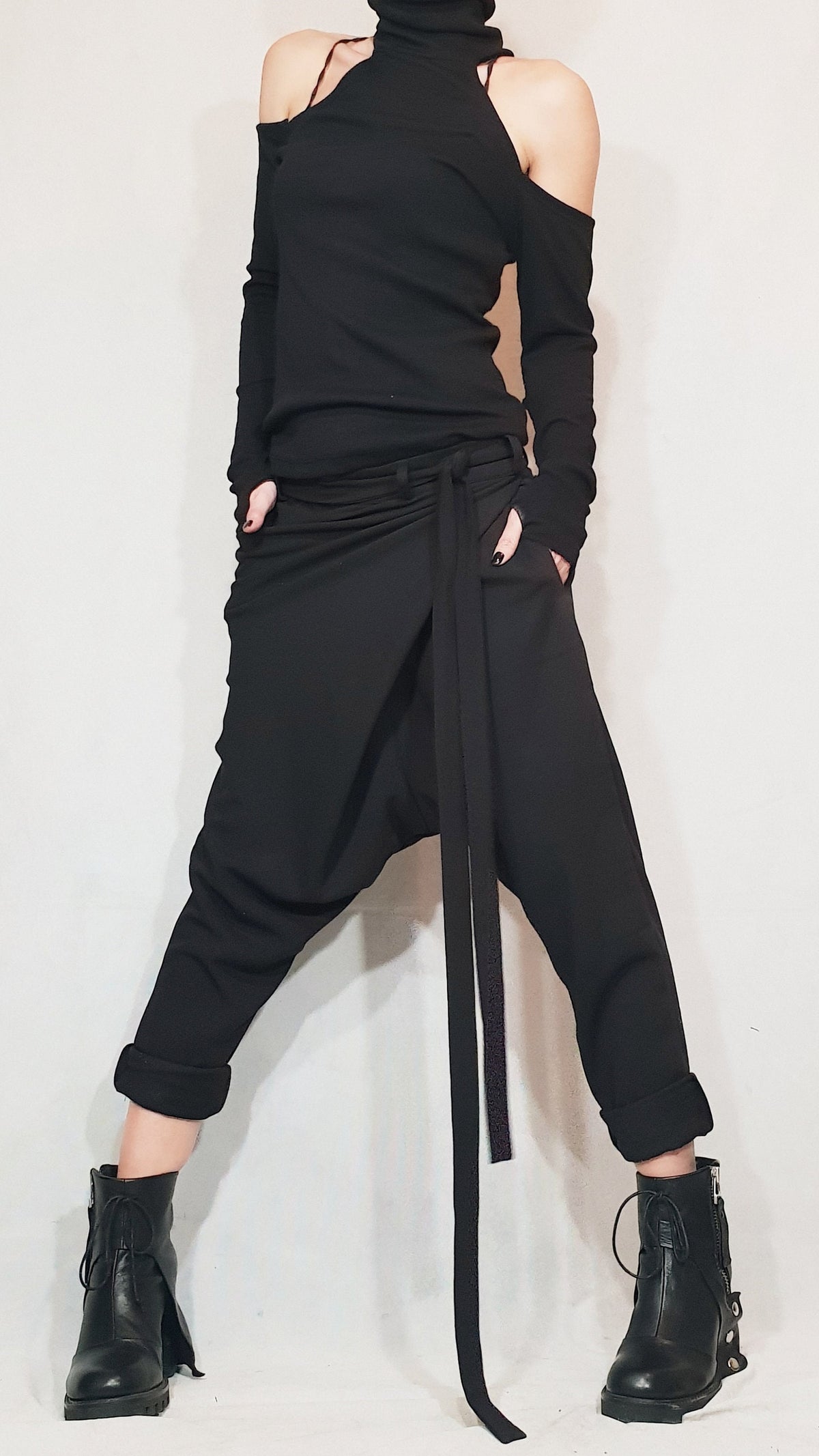 Black Avant Garde Drop Crotch Pants, Skirt Overlay Harem Trousers