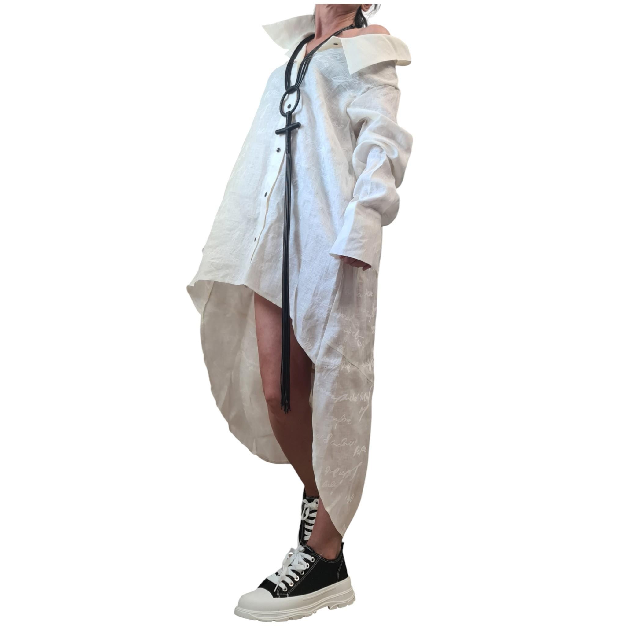 White Linen Shirt Dress for Women, Beach Tunic with Long Sleeves, High Low Shirt