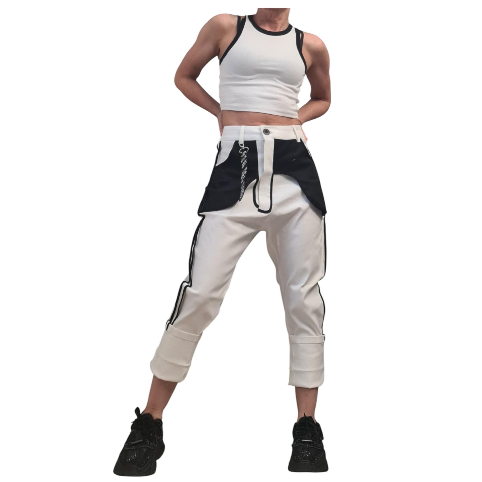 Black&Whit Denim Harem Pants - White Denim Cargo Pants – Trousers with External Pockets – Streetwear Contrast Design - Extravagant Pants
