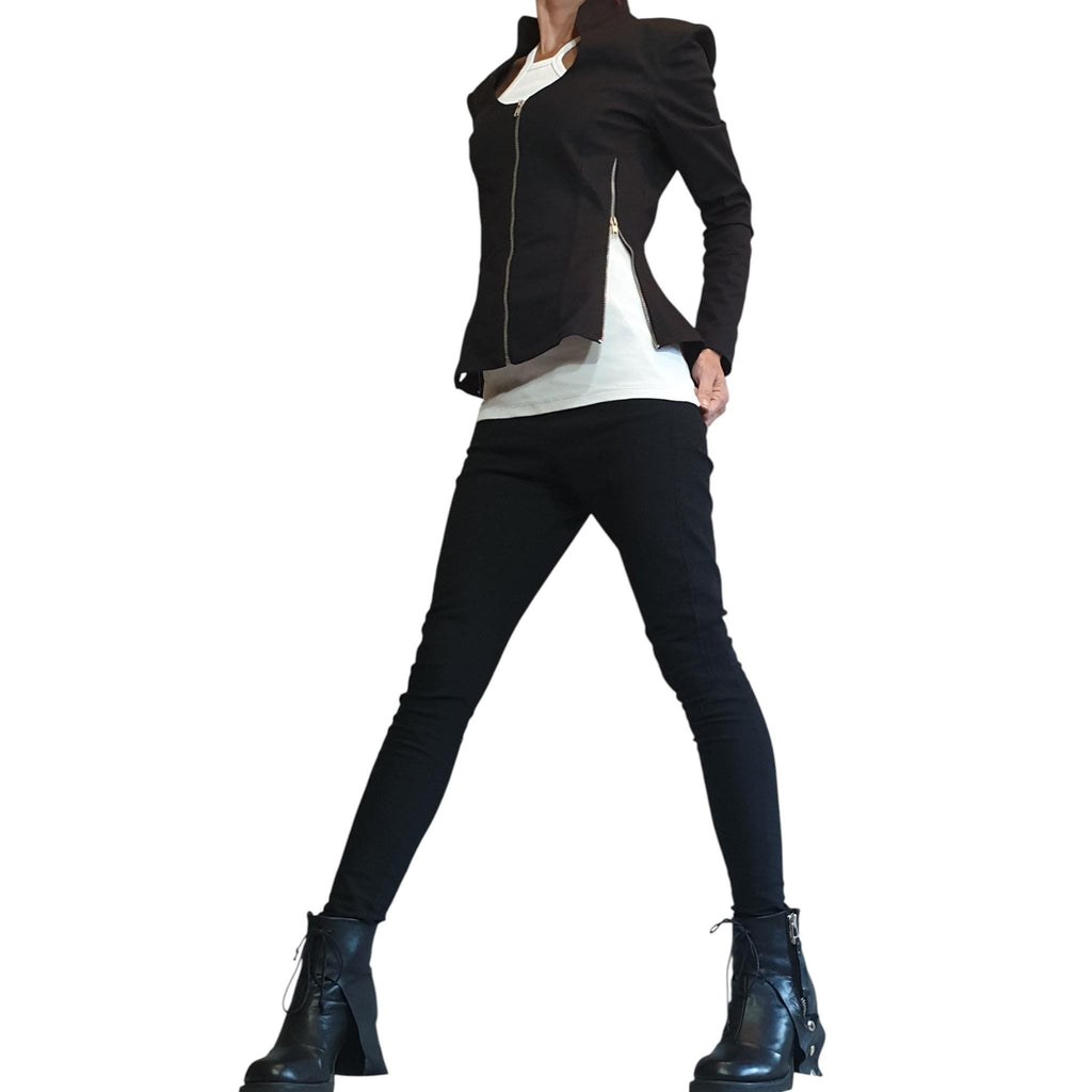Black Fitted Zip Blazer, Structured Shoulders, Shaped Waist, Back Zip Panels, Plus Size