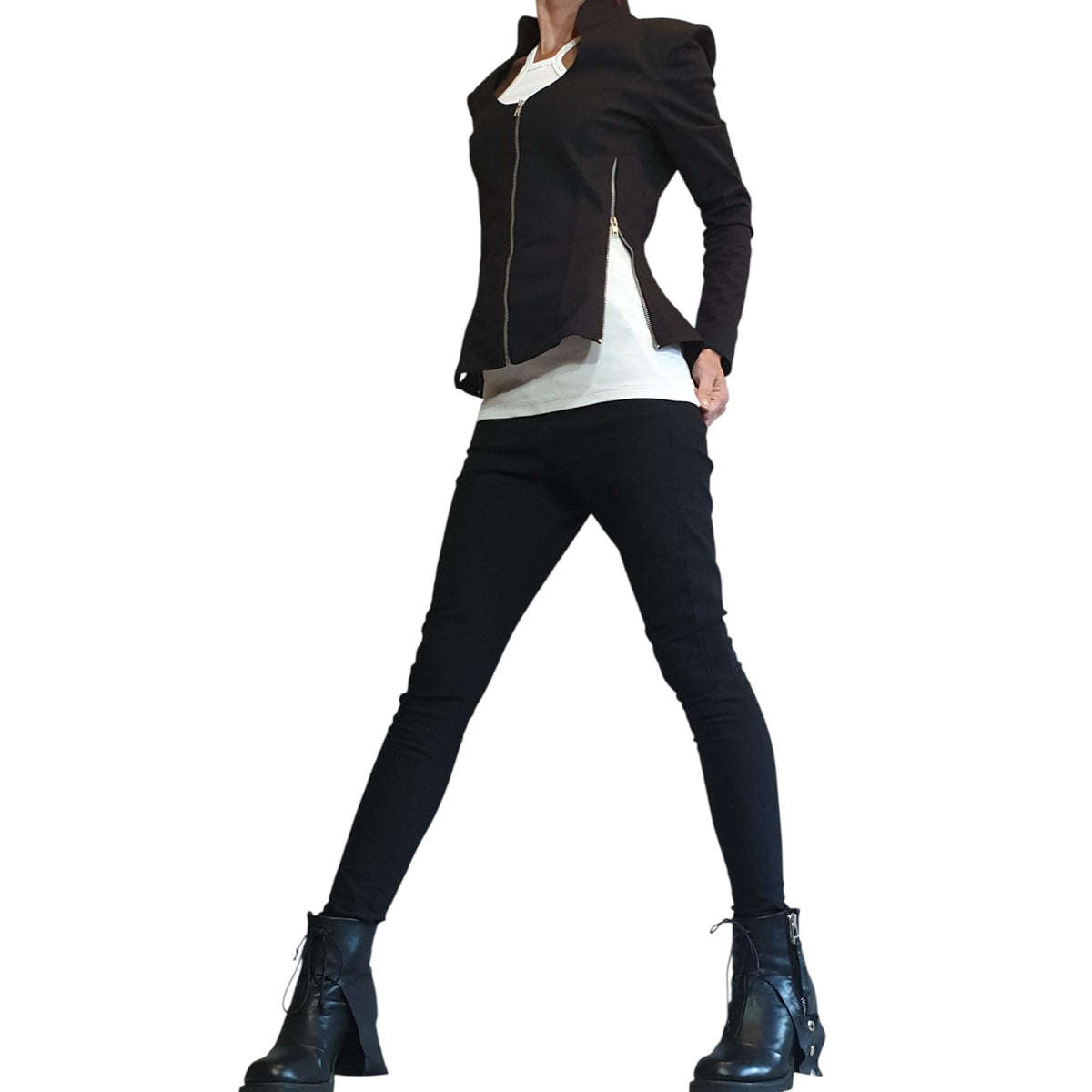 Black Fitted Zip Blazer, Structured Shoulders, Shaped Waist, Back Zip Panels, Plus Size
