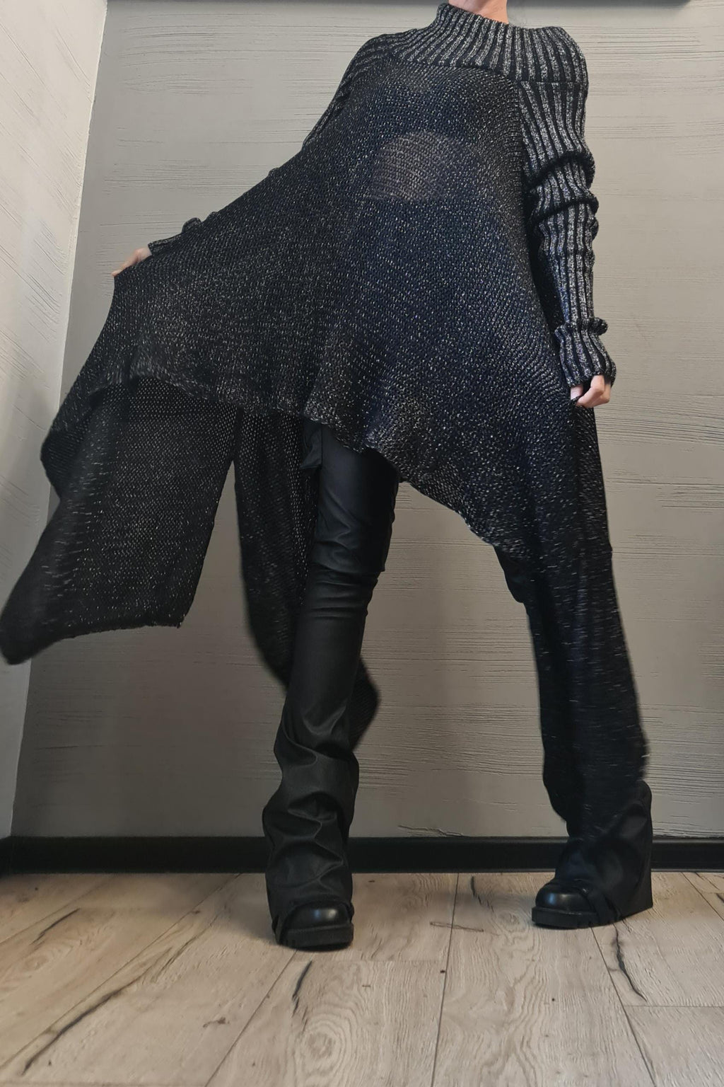 Black Glossy Knitted Top, Open Shoulder Blouse, Oversized Long Sleeve Sweater