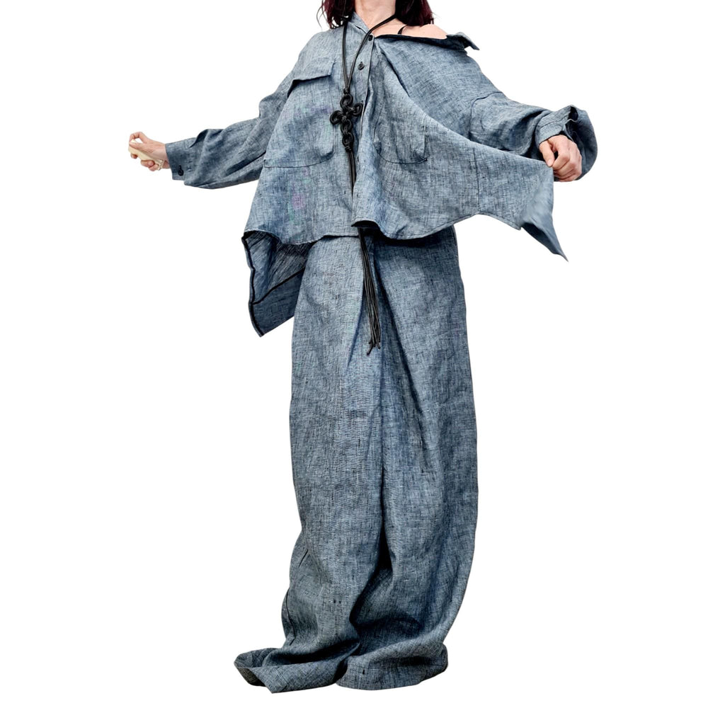 Denim Blue Linen Wide Leg Pants, Extra Loose Summer Trousers, Comfortable Everyday Wear