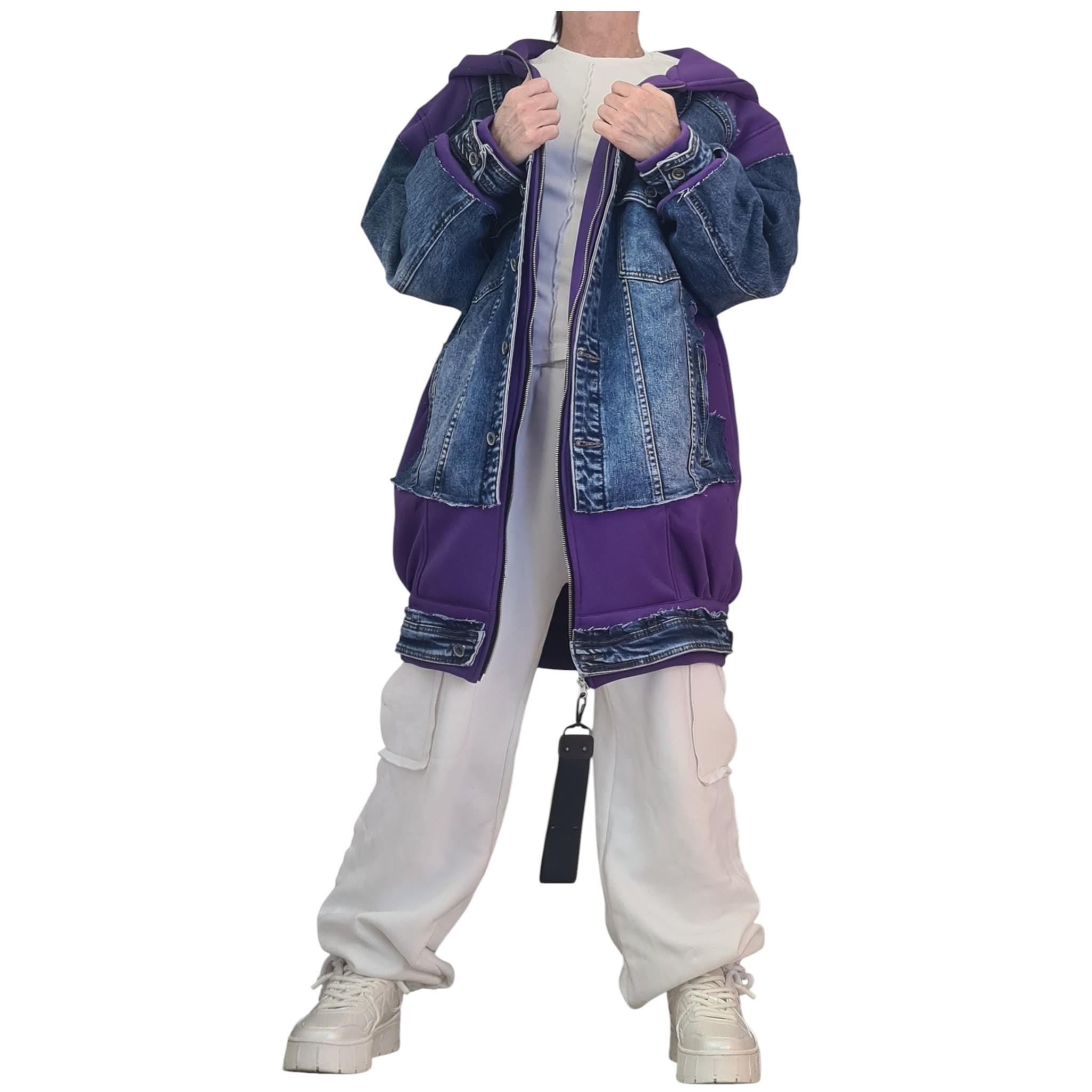 Purple Avant Garde Denim Hoodie, Oversized Cotton Sweatshirt, Designer Streetwear for Women