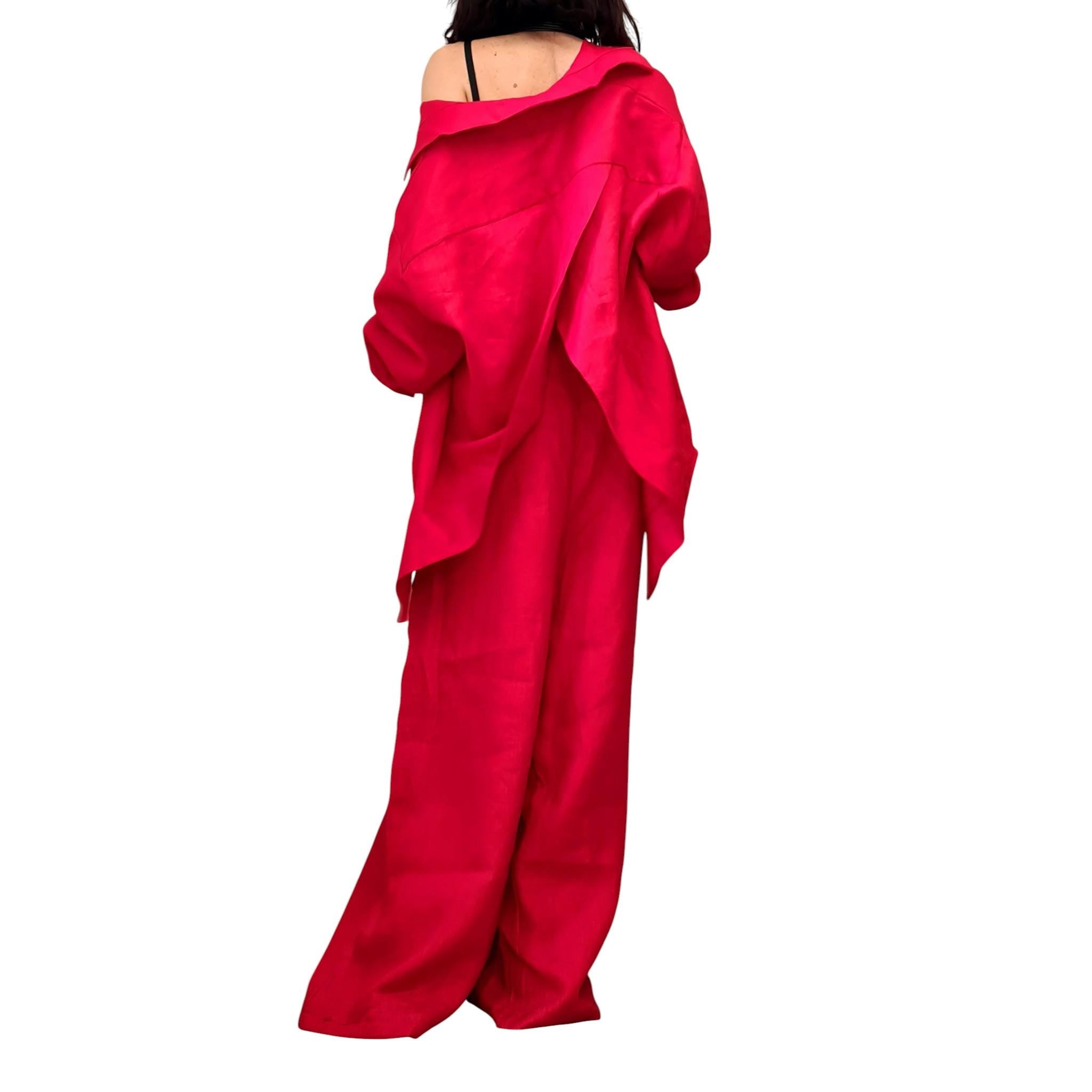 Red Linen Two Piece Women Set, Open Back Shirt, Wide Leg Harem Pants Outfit