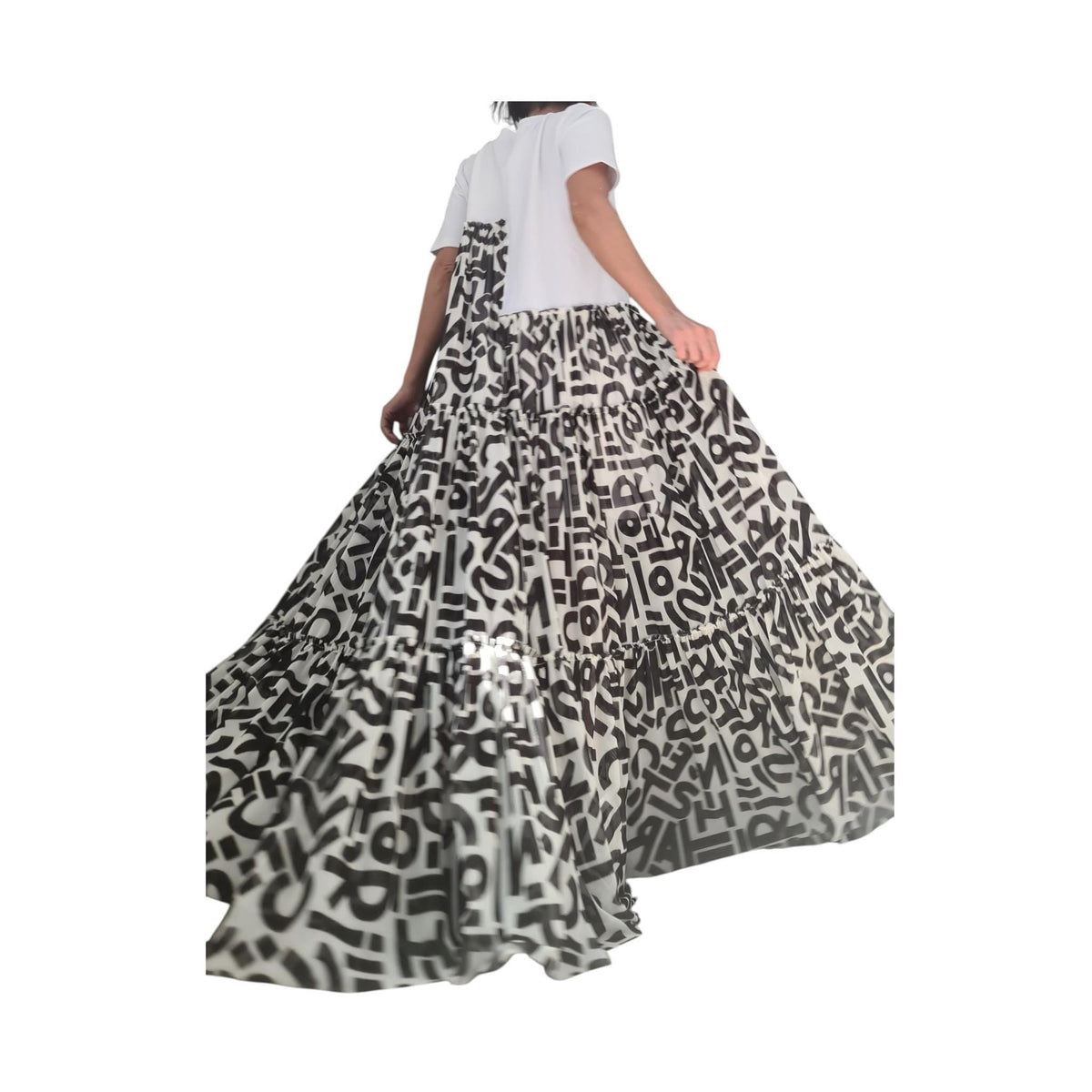 Black White Graphic Maxi Dress, Artistic Tiered T-Shirt, Handmade Summer Clothing
