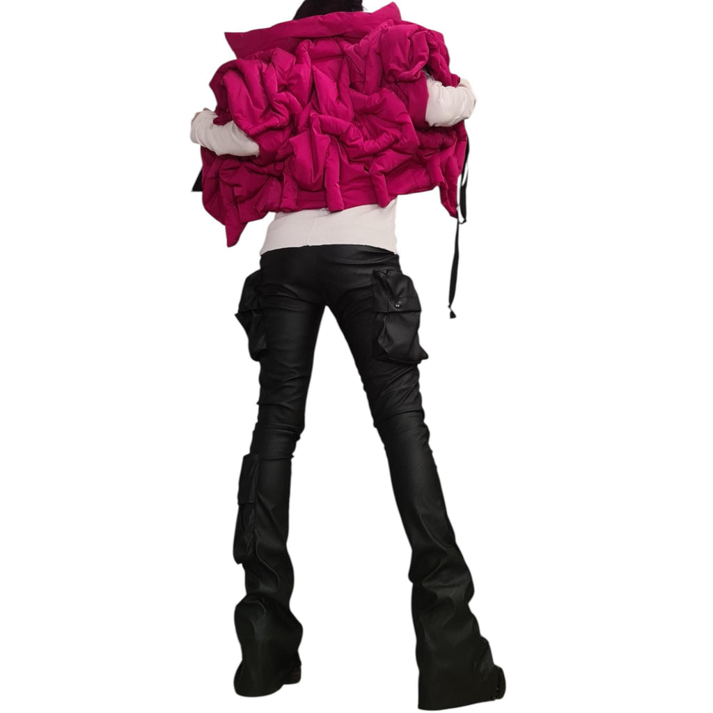 Fuchsia Asymmetric Puffer Vest, Oversized Quilted Sleeveless Jacket, Cropped Winter Gilet