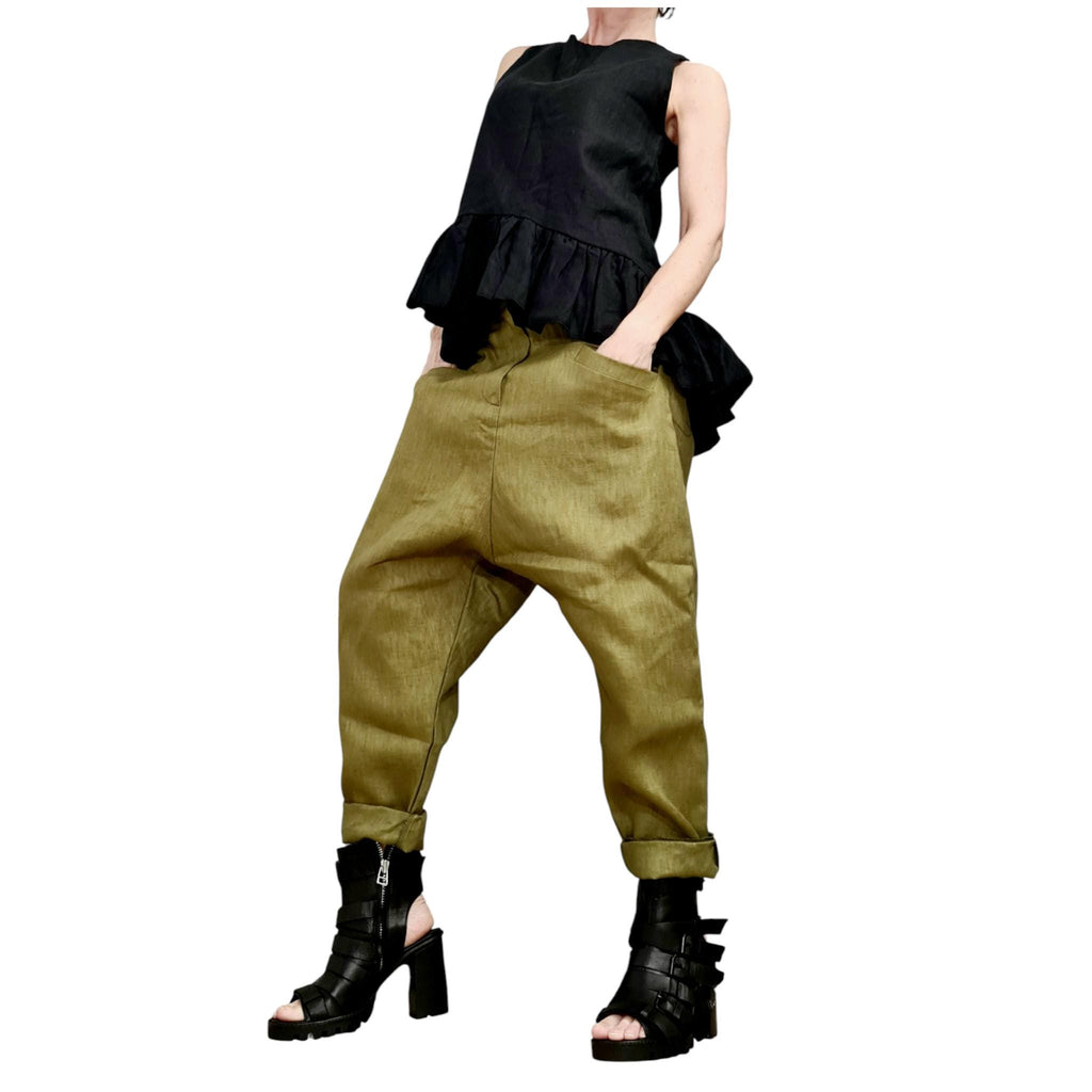 Military Green Linen Harem Pants for Women, Wide Drop Crotch Trousers, Loose Summer Pants