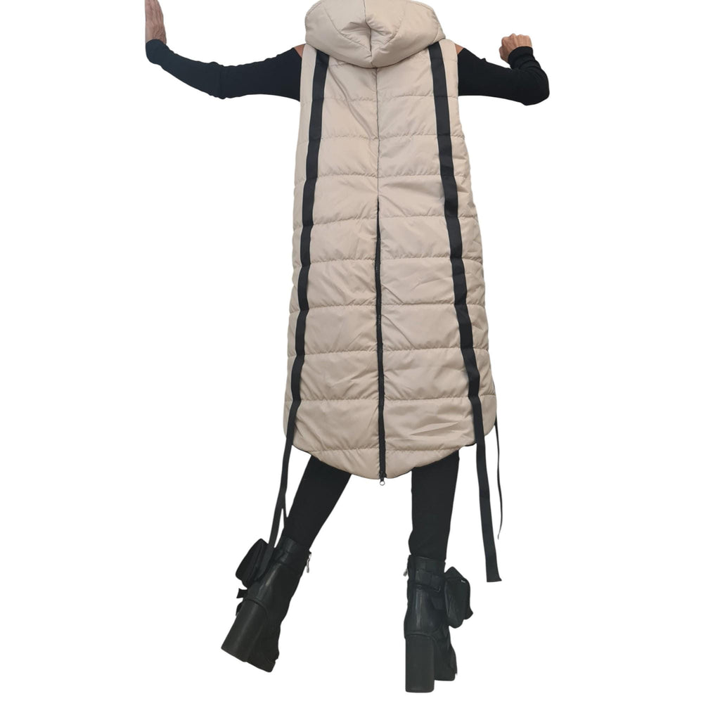 Beige Oversized Hooded Puffer Vest, Asymmetrical Quilted Sleeveless Winter Coat, Black Trim