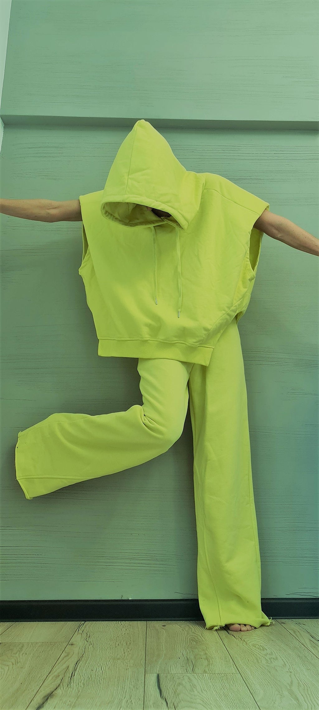 Lime Cotton Wide Leg Pants, Oversized Asymmetrical Hooded Blouse, Loose Fit Two-Piece Co-Ord Set