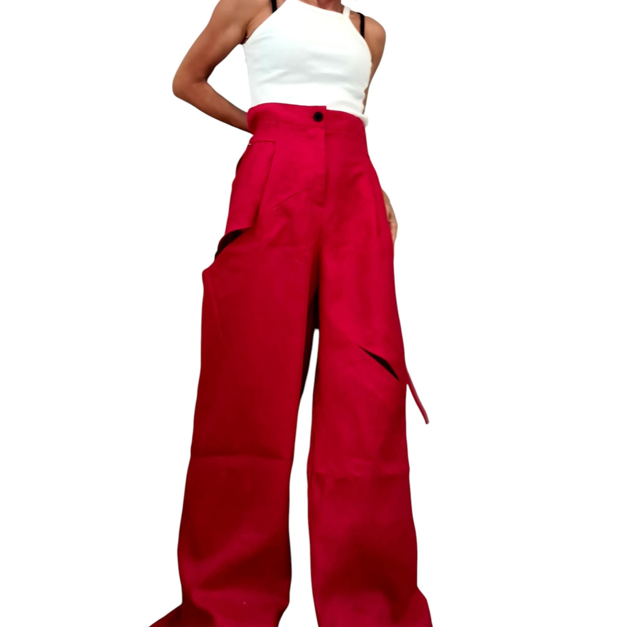 Brick Linen Wide Leg Pants, Adjustable Waist, Asymmetric Slit Avant Garde Trousers