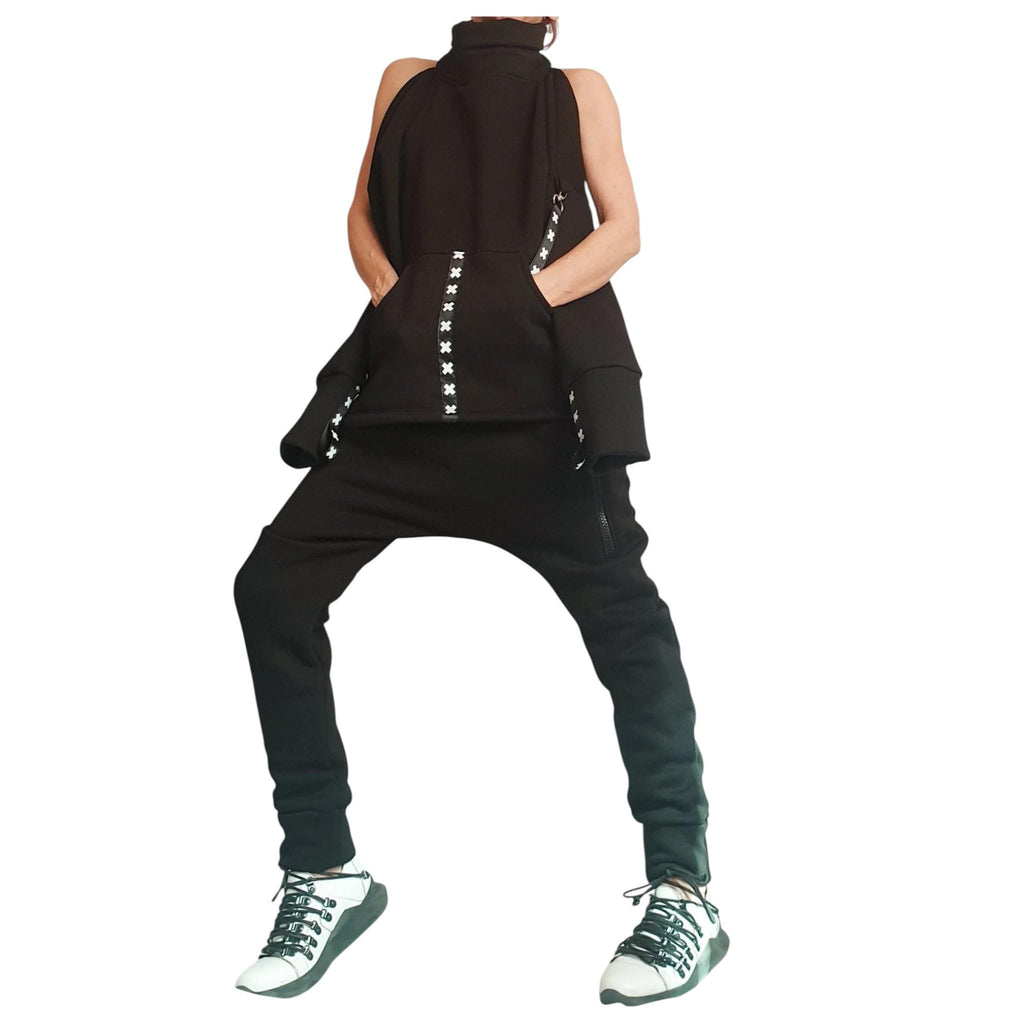 Black Cotton Tapered Drop Crotch Harem Pants, Open Back Blouse, Two Piece Co-Ord Set
