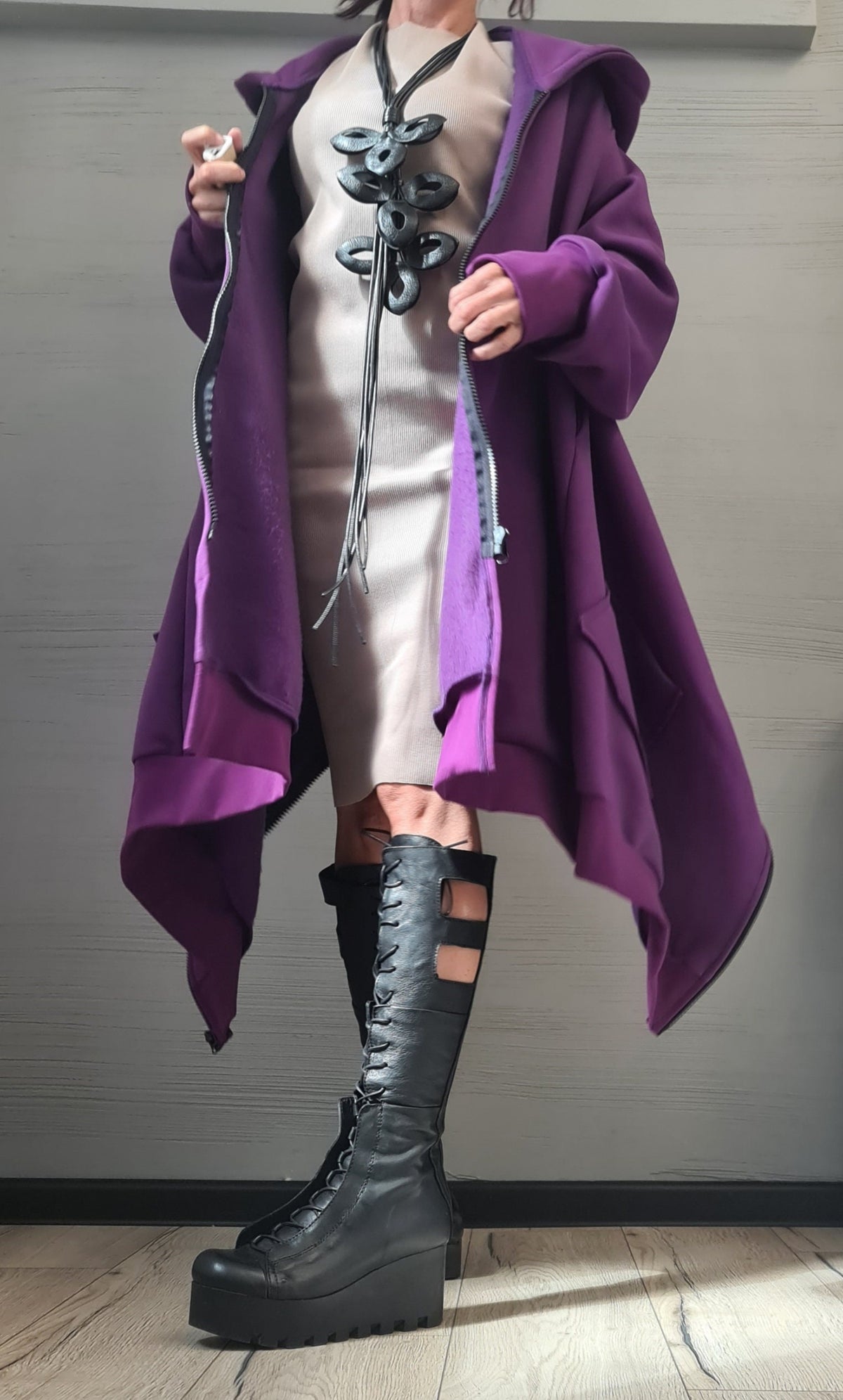 Purple Asymmetric Hooded Sweatshirt, Oversized Cotton Jacket, Longline Zip Up Hoodie