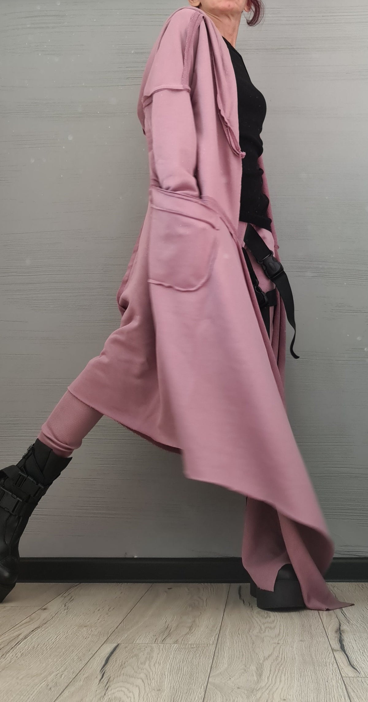 Dusty Rose Hooded Cotton Vest, Plus Size Asymmetric Gilet, Long Sleeveless Jacket