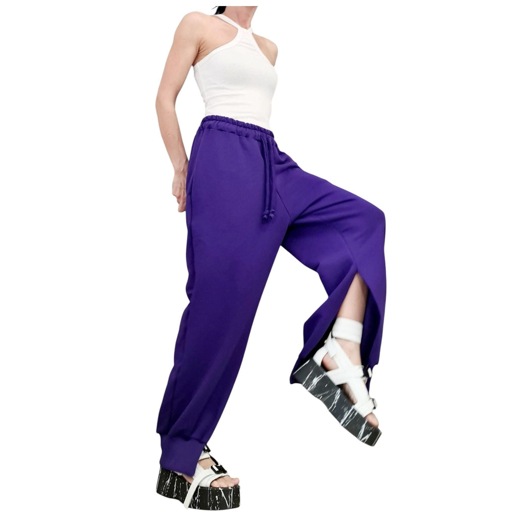 Purple French Terry Jogger Pants, Split Hem Trousers