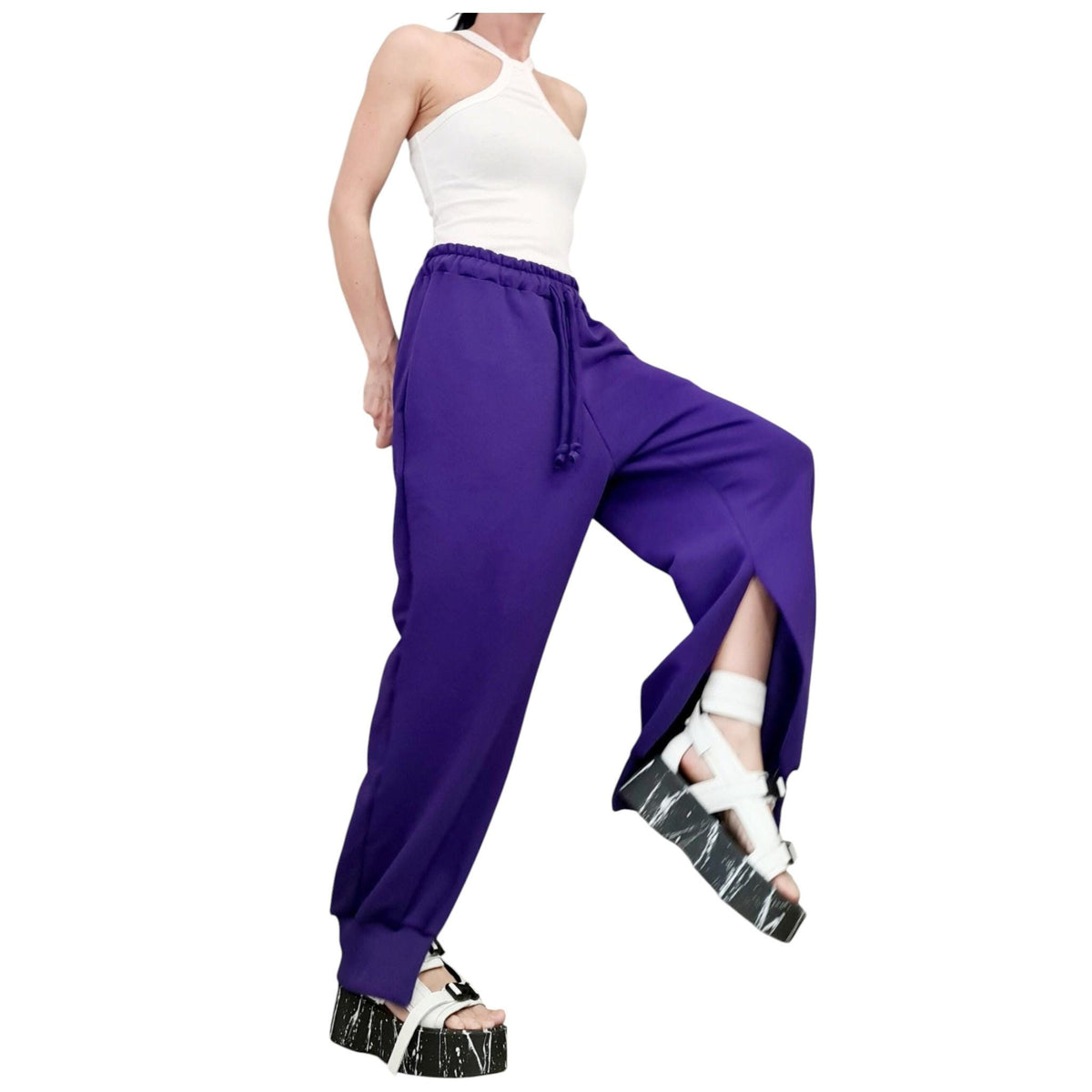 Purple French Terry Jogger Pants, Split Hem Trousers
