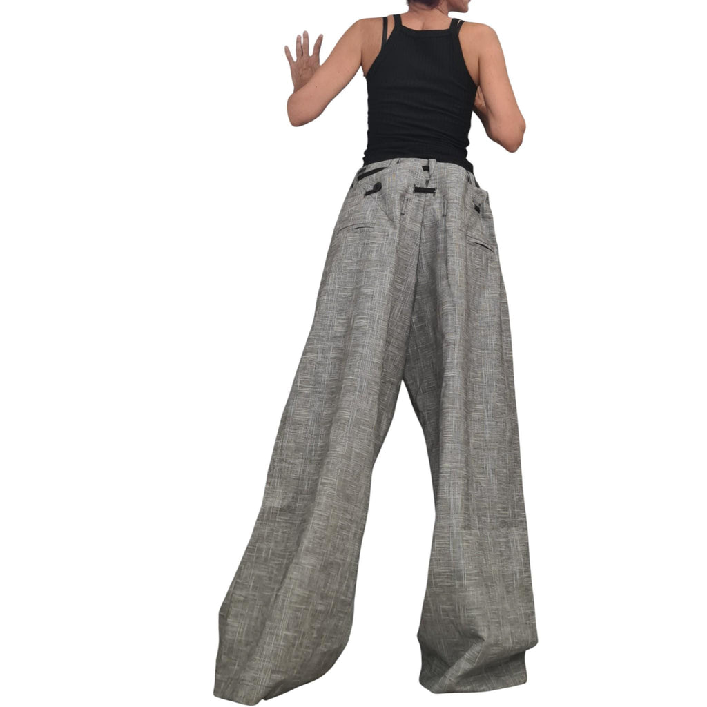 Grey Convertible Linen Pants for Women, 2 in 1 Avant Garde Wide Leg Trousers