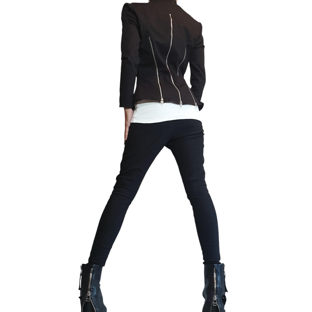 Black Fitted Zip Blazer, Structured Shoulders, Shaped Waist, Back Zip Panels, Plus Size