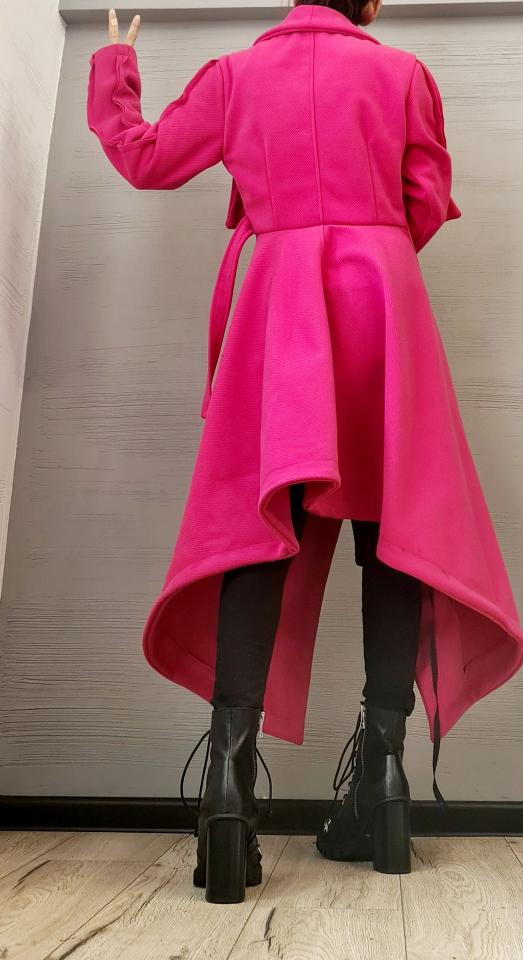 Hot Pink Asymmetric Wrap Coat, Plus Size Long Jacket, Short Back and Tie Belts