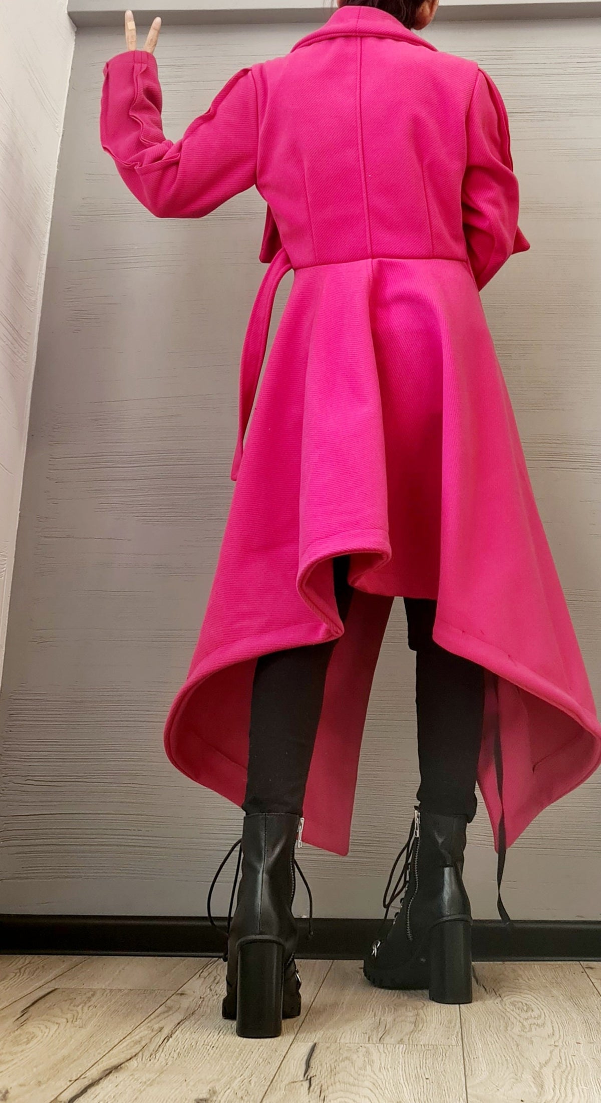 Hot Pink Asymmetric Wrap Coat, Plus Size Long Jacket, Short Back and Tie Belts