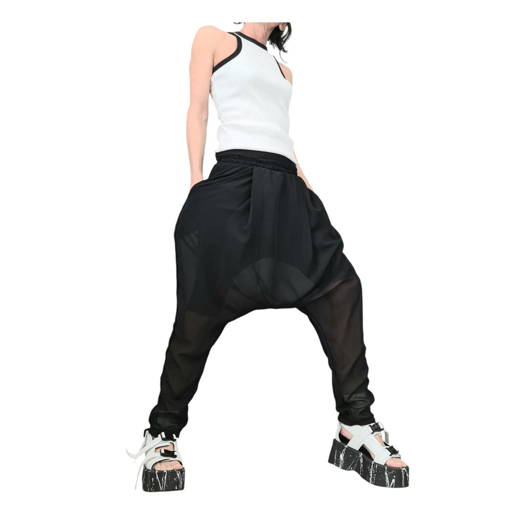 Black Chiffon Harem Pants, Sheer Overlay, French Terry Inner Shorts, Tapered Leg