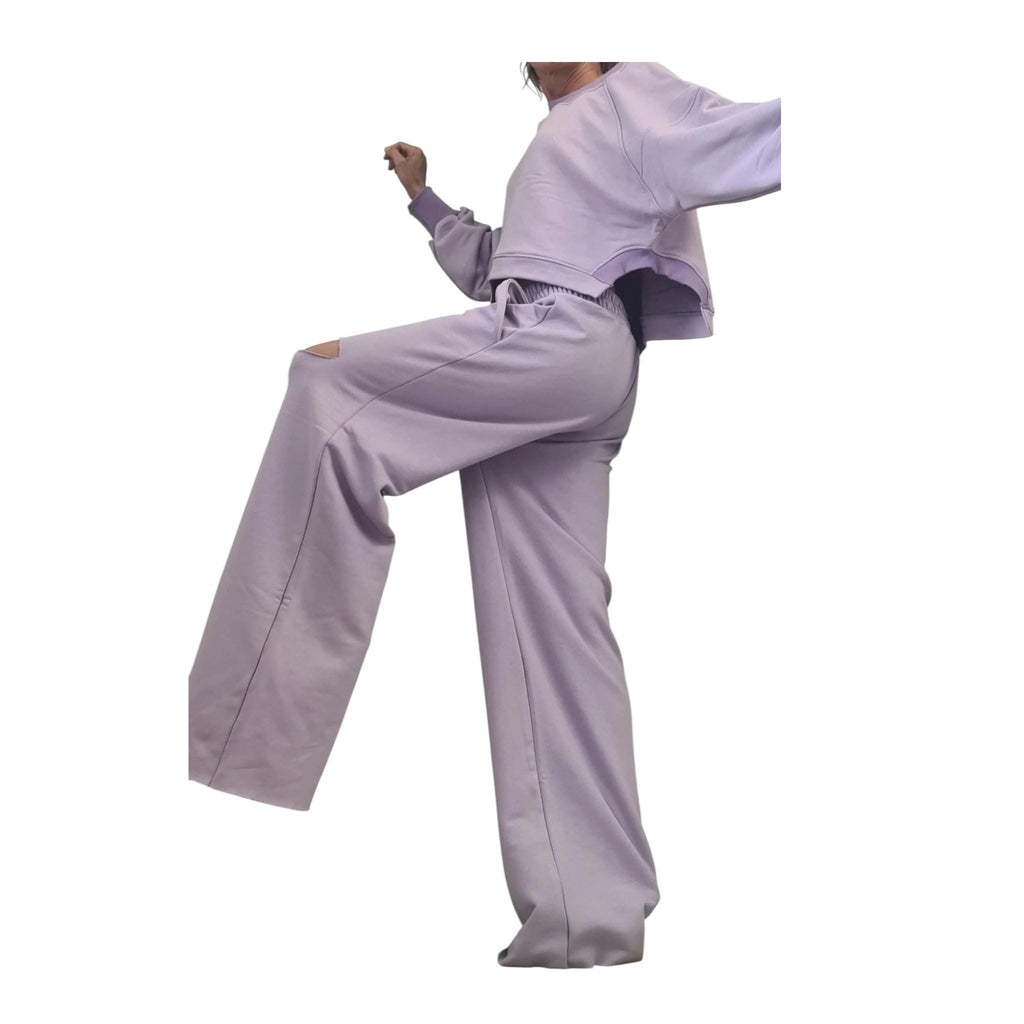 Lavender Cotton Wide Leg Pants, Knee Cutout,  Cropped Sweatshirt, Two-Piece Co-Ord Set