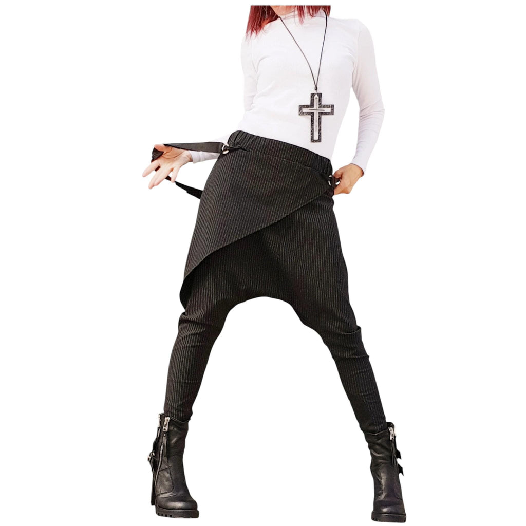 Black Pinstripe Harem Pants, Skirt Overlay, Tapered Leg, Decorative Suspenders
