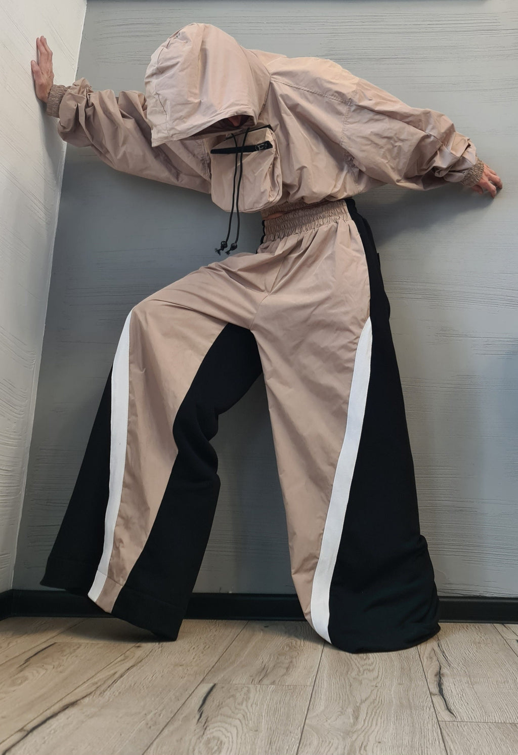 Asymmetrical Women's Set, Wide Leg Cotton Pants with Windproof Fabric Details, Windproof Hoodie
