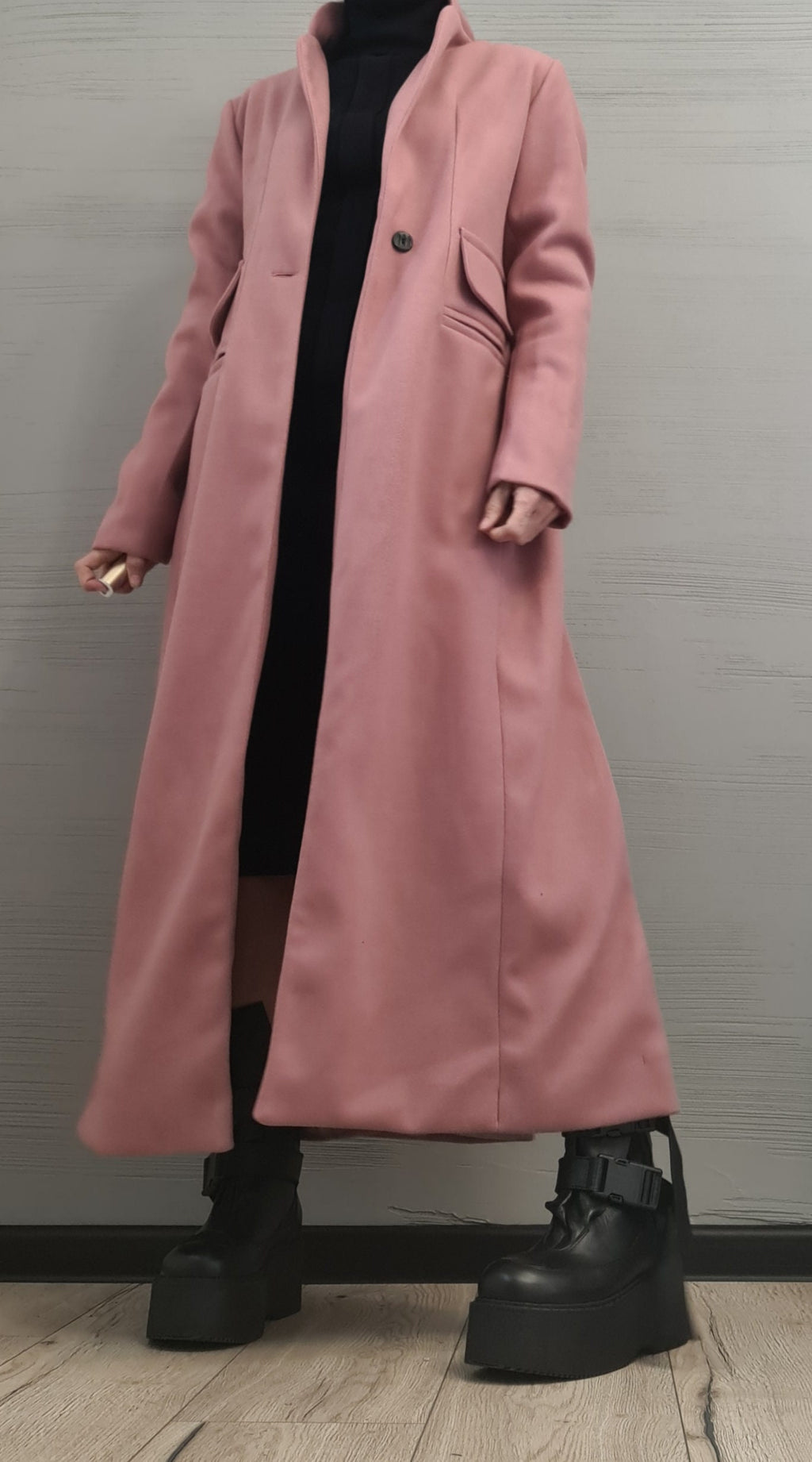 Dusty Rose Long Coat, Asymmetrical Wrap Front and Ruched Sleeves, Plus Size