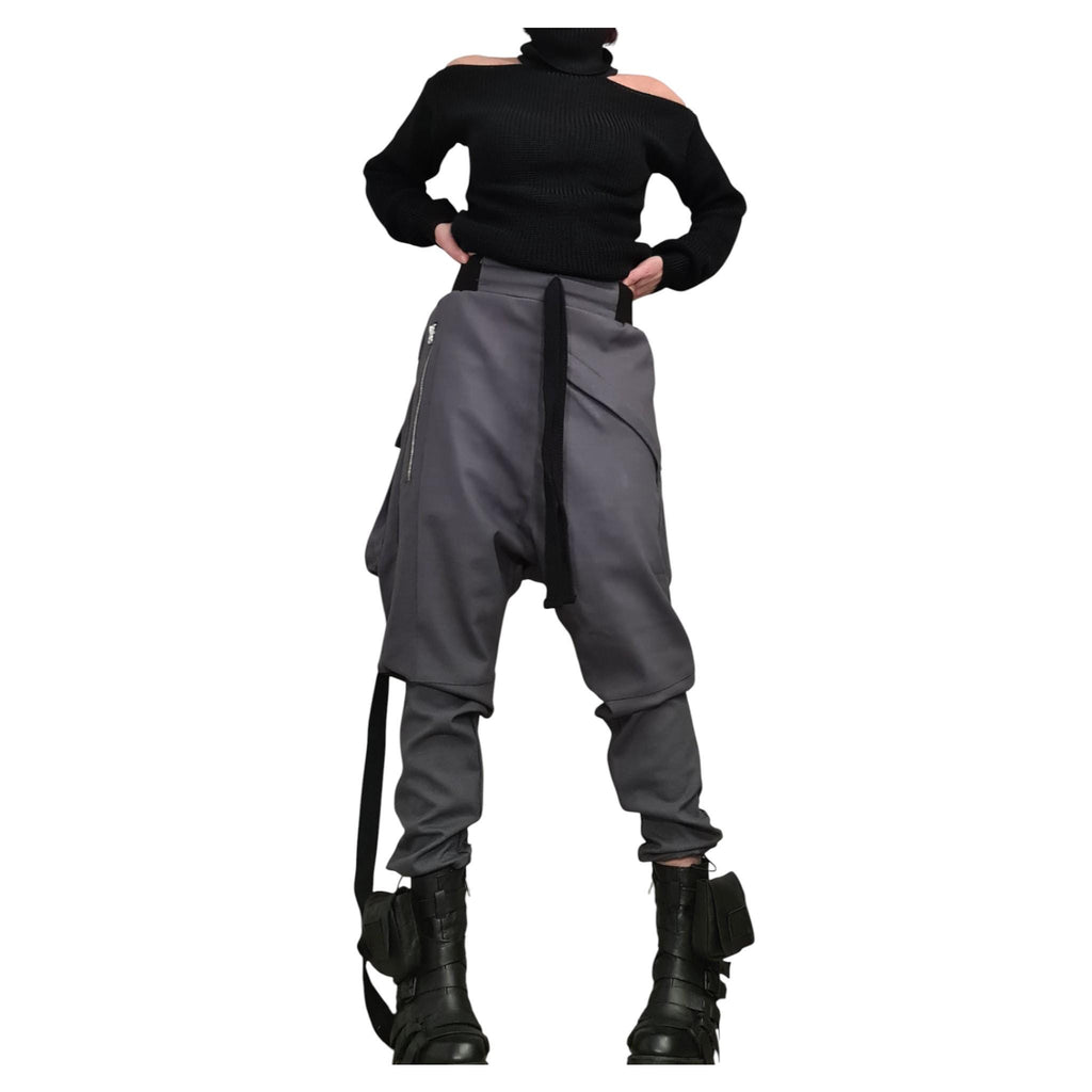 Grey Cargo Harem Pants, Utility Pockets, Tapered Leg