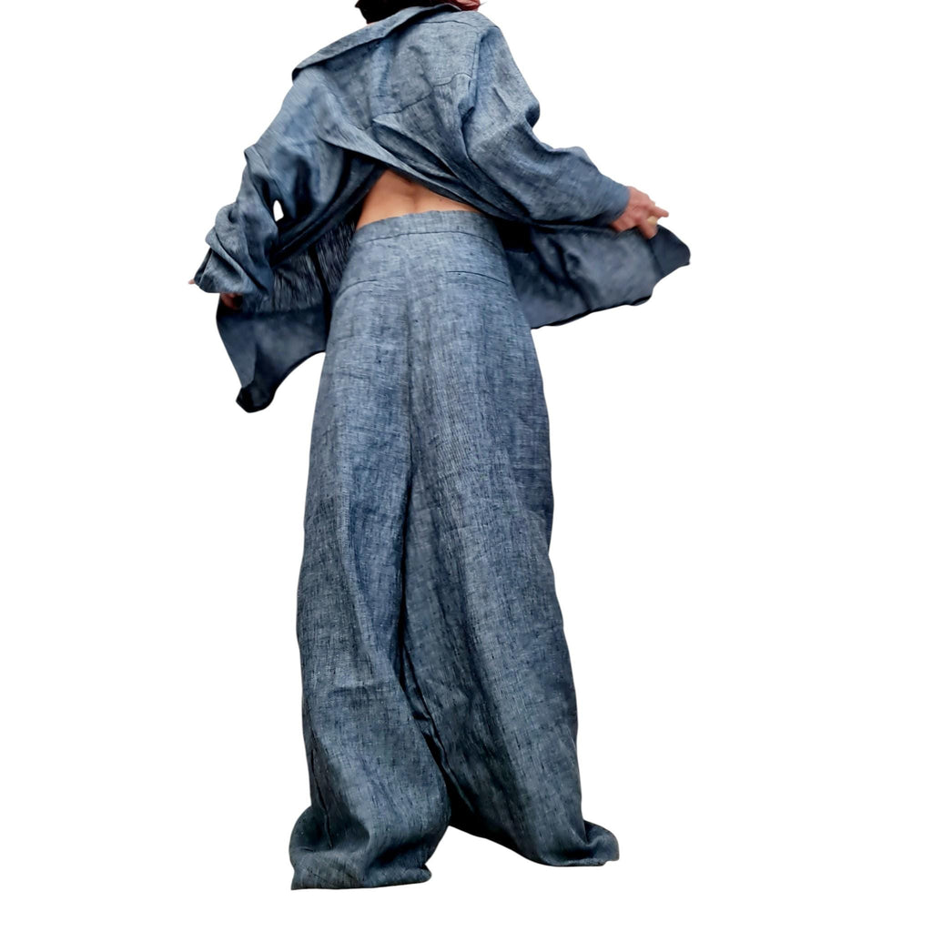 Denim Linen Two Piece Set for Women, Open Back Shirt, Wide Leg Harem Pants Outfit