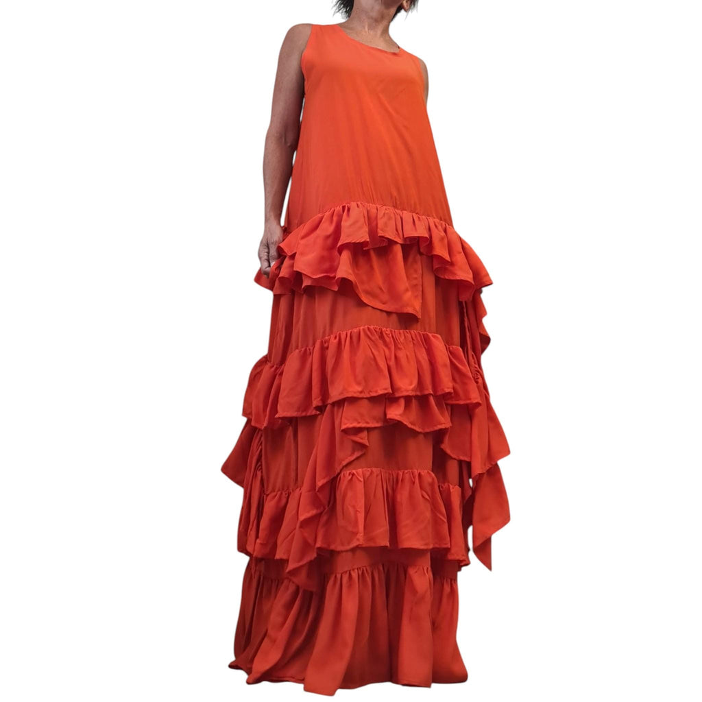 Orange Maxi Kaftan, Tiered Ruffle Dress, Sleeveless Resort Gown, Oversized Designer Clothing